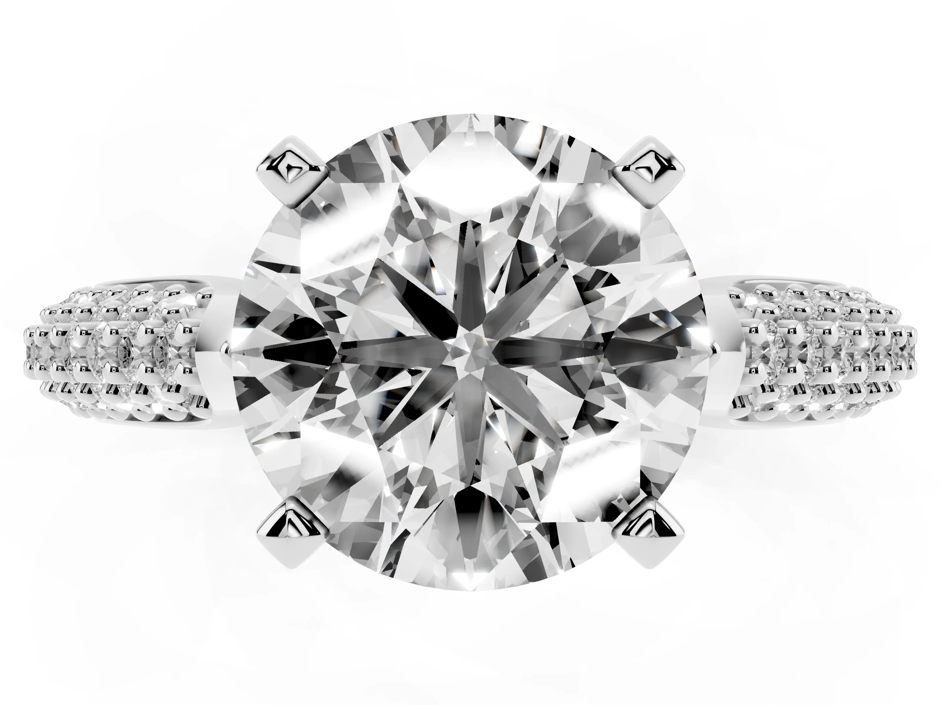 Round Cut Diamond Solitaire Engagement Ring Set in Platinum with Multi-Row Round Pavé Band and Prong Setting