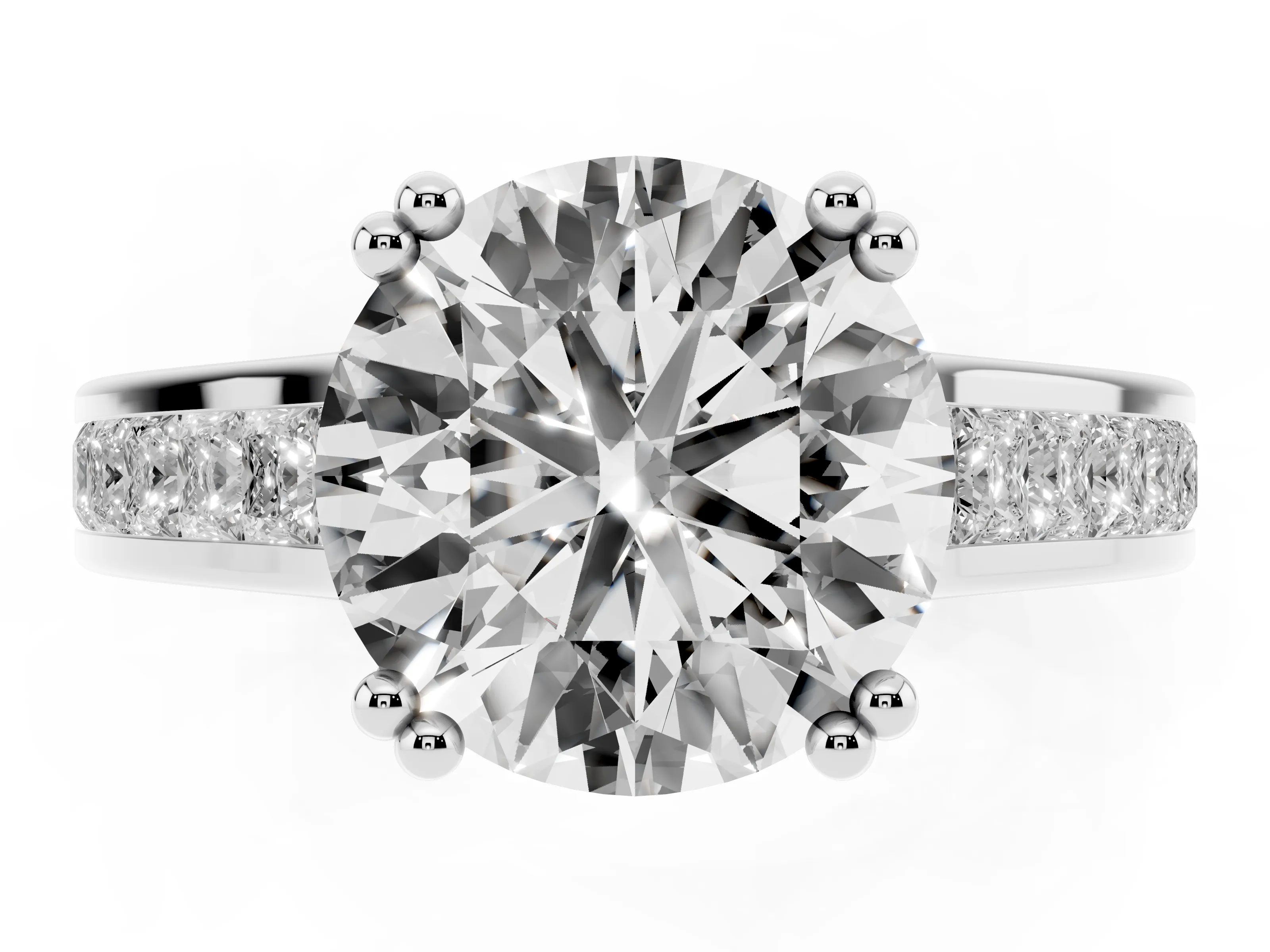 Round Cut Diamond Channel Set Solitaire Engagement Ring Set in Silver with Prong Setting