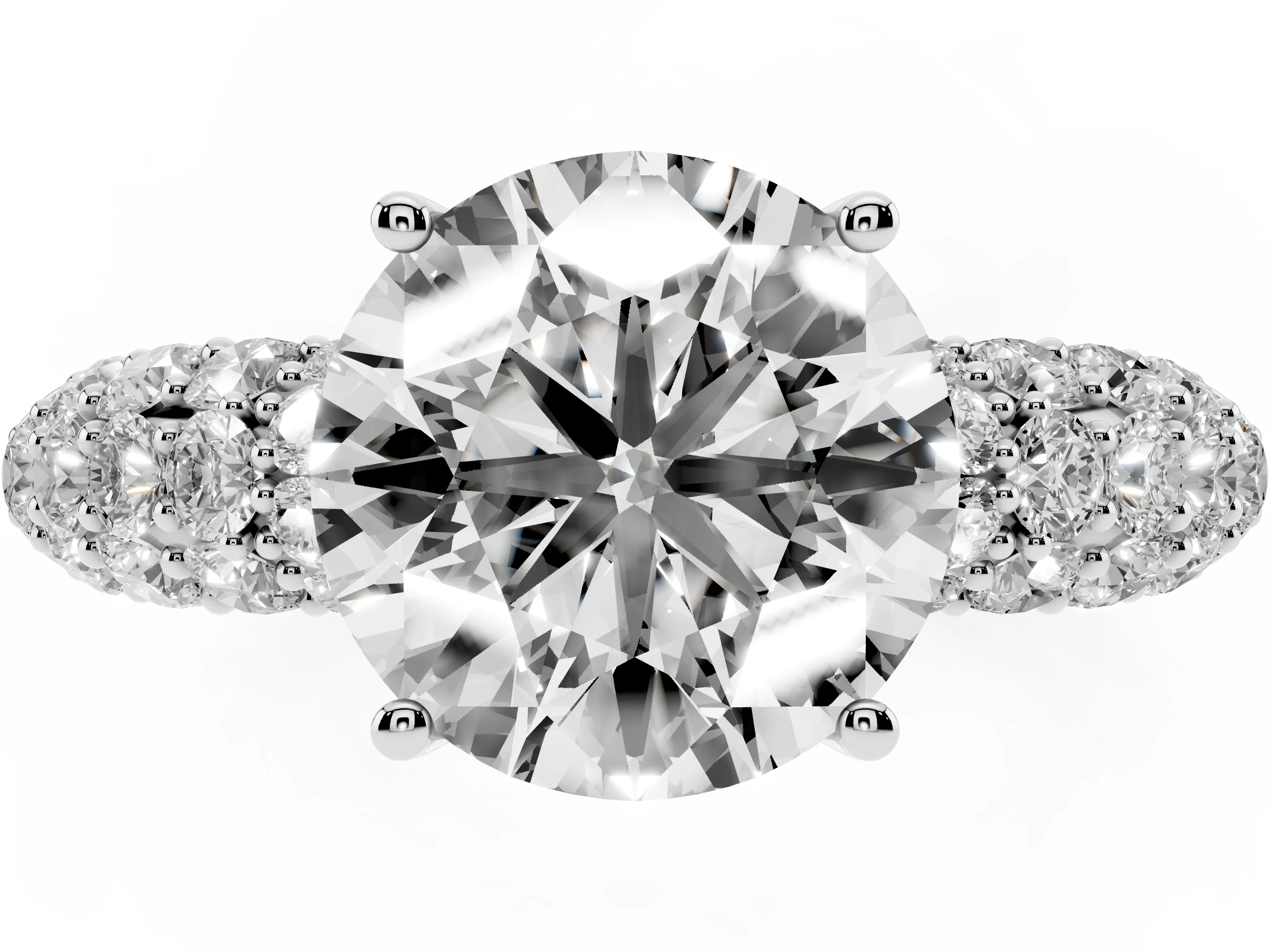 Round Cut Diamond Pavé Band Solitaire Ring Set in White gold with Close-Set Accent Stones and Prong Setting
