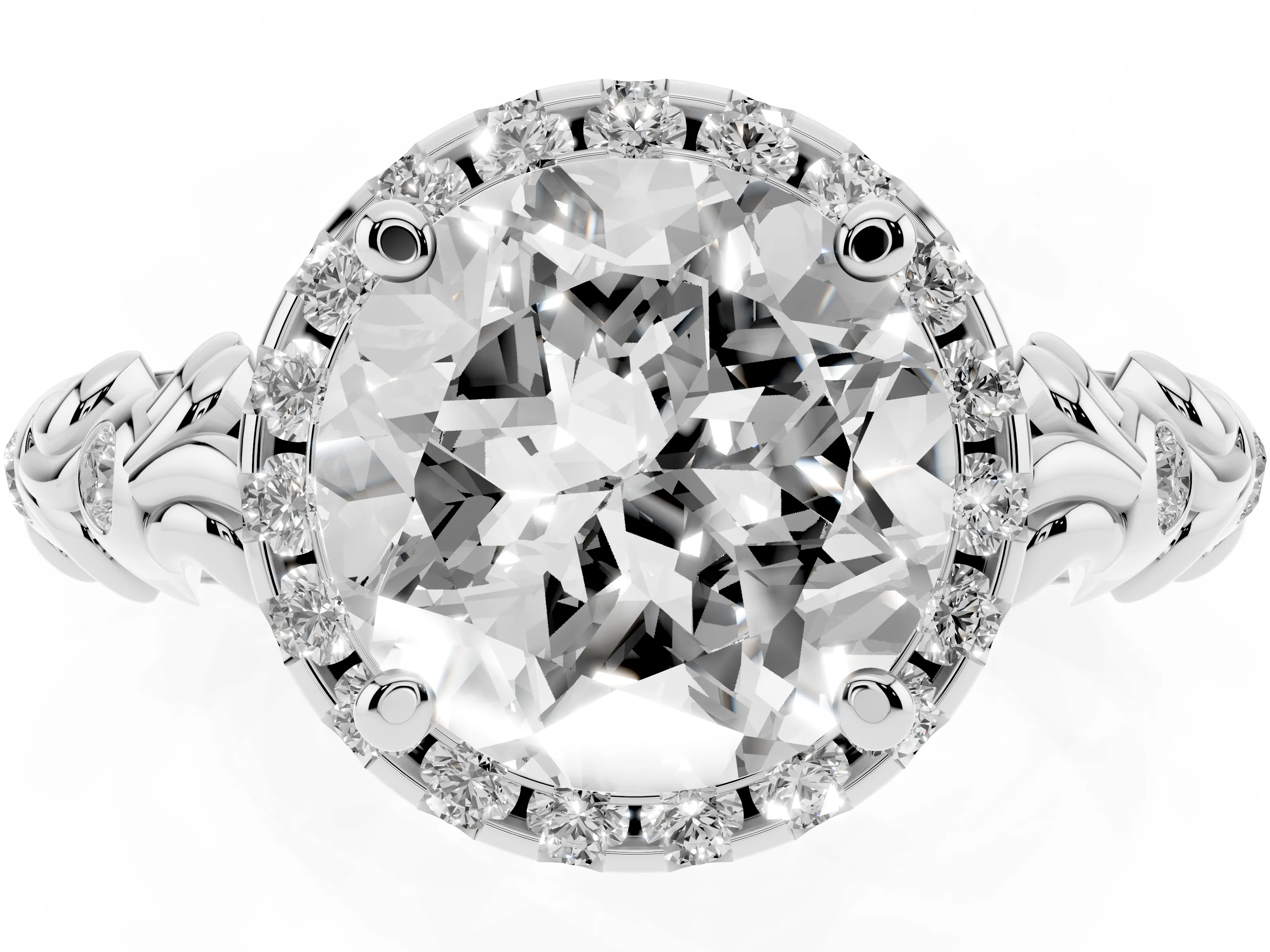 Round Cut Diamond Halo Ring Set in Platinum with Filigree Leaf Band and Prong Setting