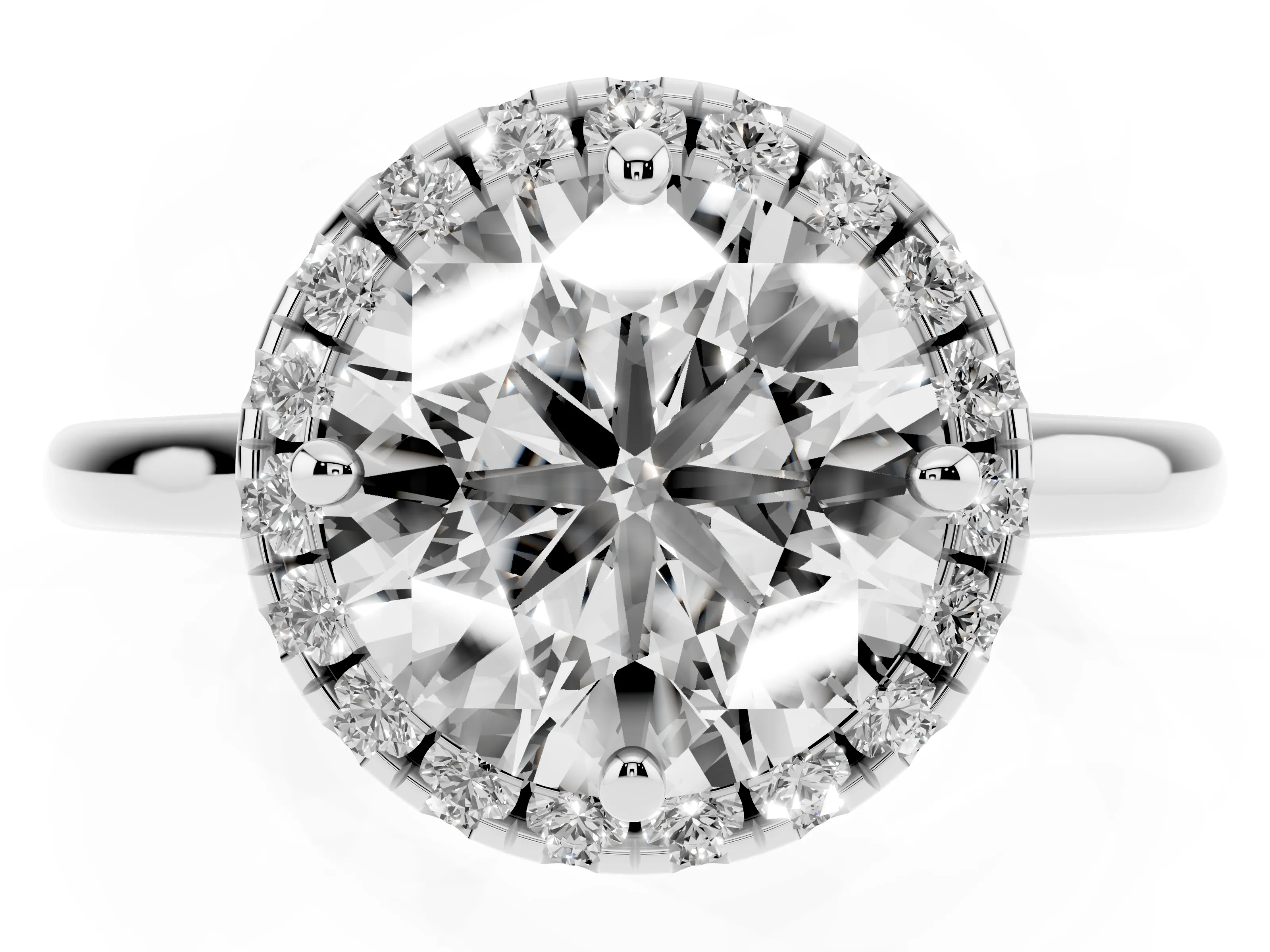 Round Cut Diamond Halo Engagement Ring Set in Platinum with Pavé Band and Rising Shoulders