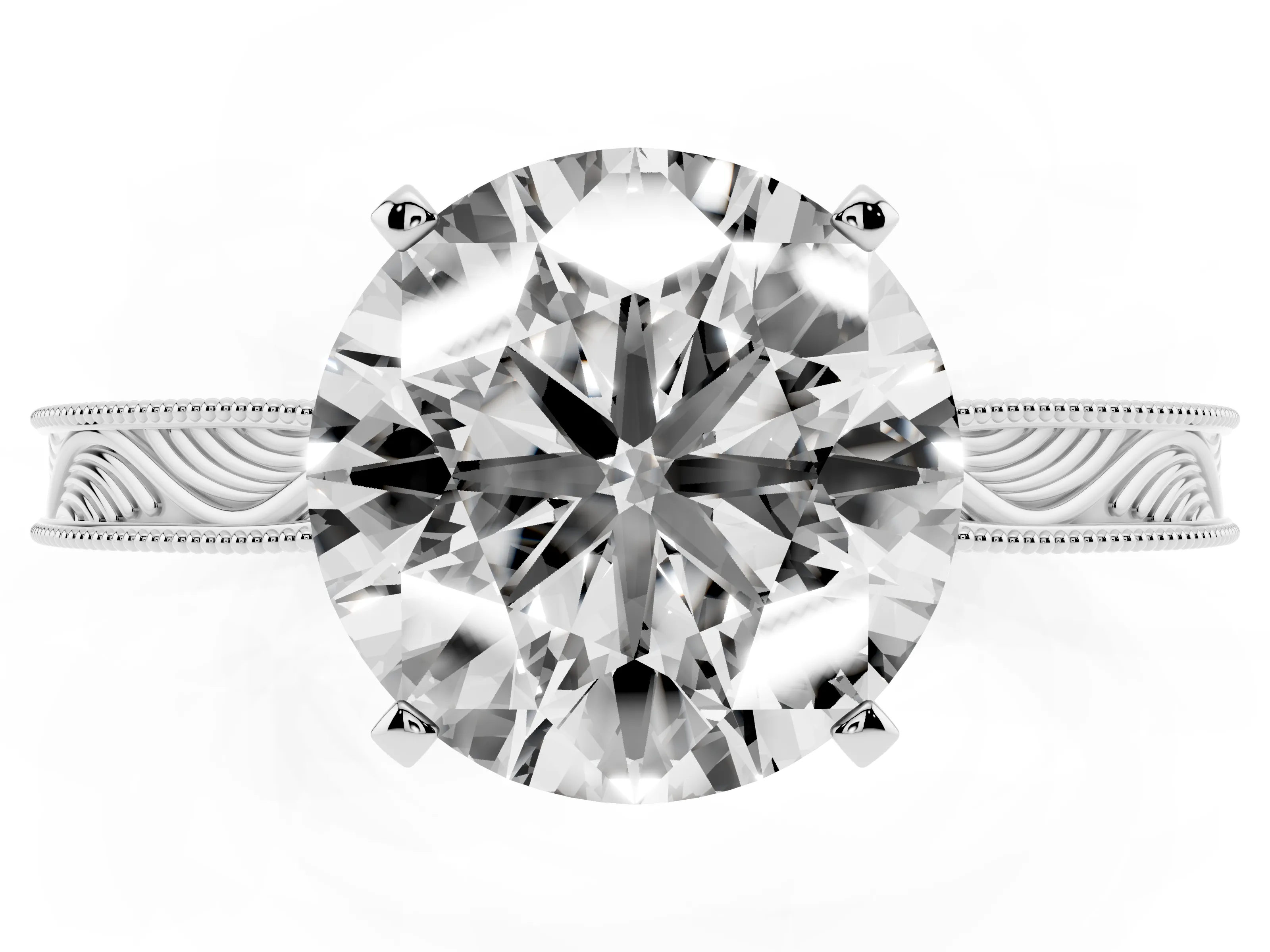 Round Cut Diamond Solitaire Milgrain Engraved Band Set in Platinum with Prong Setting