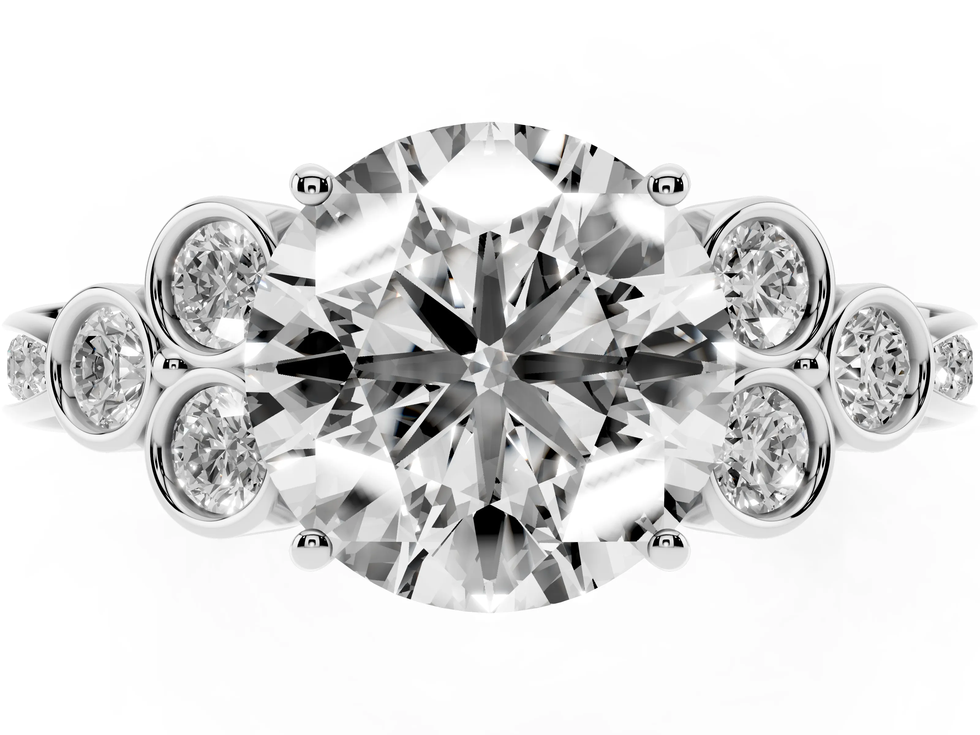 Round Cut Diamond Engagement Ring Set in Platinum with Bezel Set Round Side Stones and Prong Setting