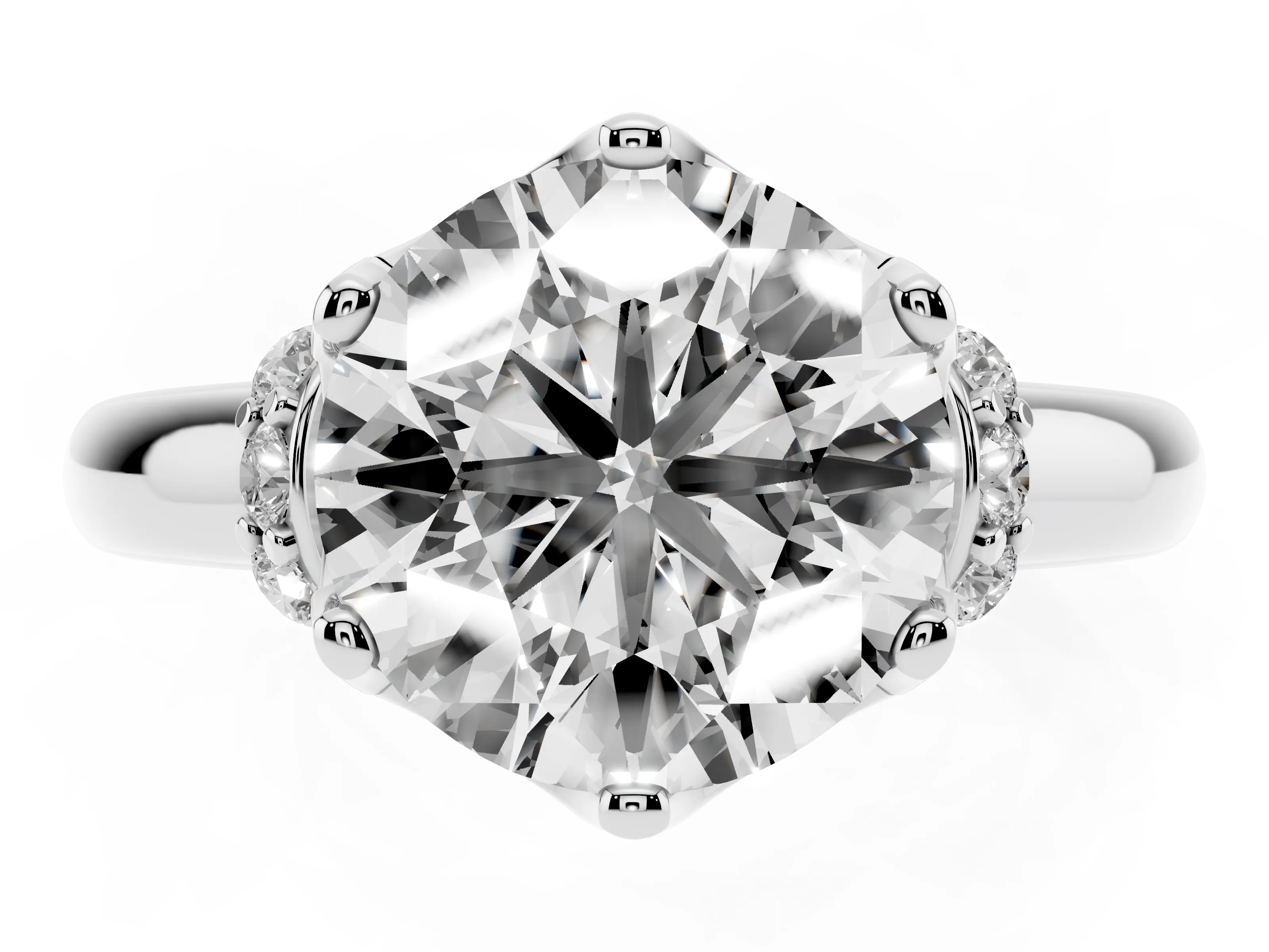 Round Cut Diamond Cathedral Solitaire Engagement Ring Set in Platinum with Pavé Accents