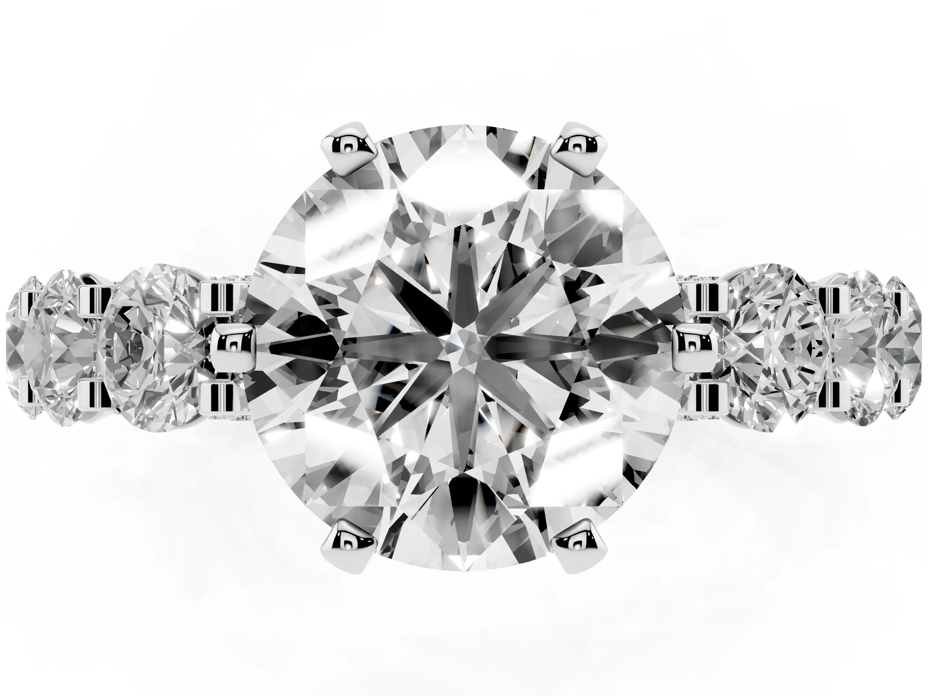 Round Cut Diamond Side Stone Ring Set in Silver with Alternating Round and Oval Side Stones