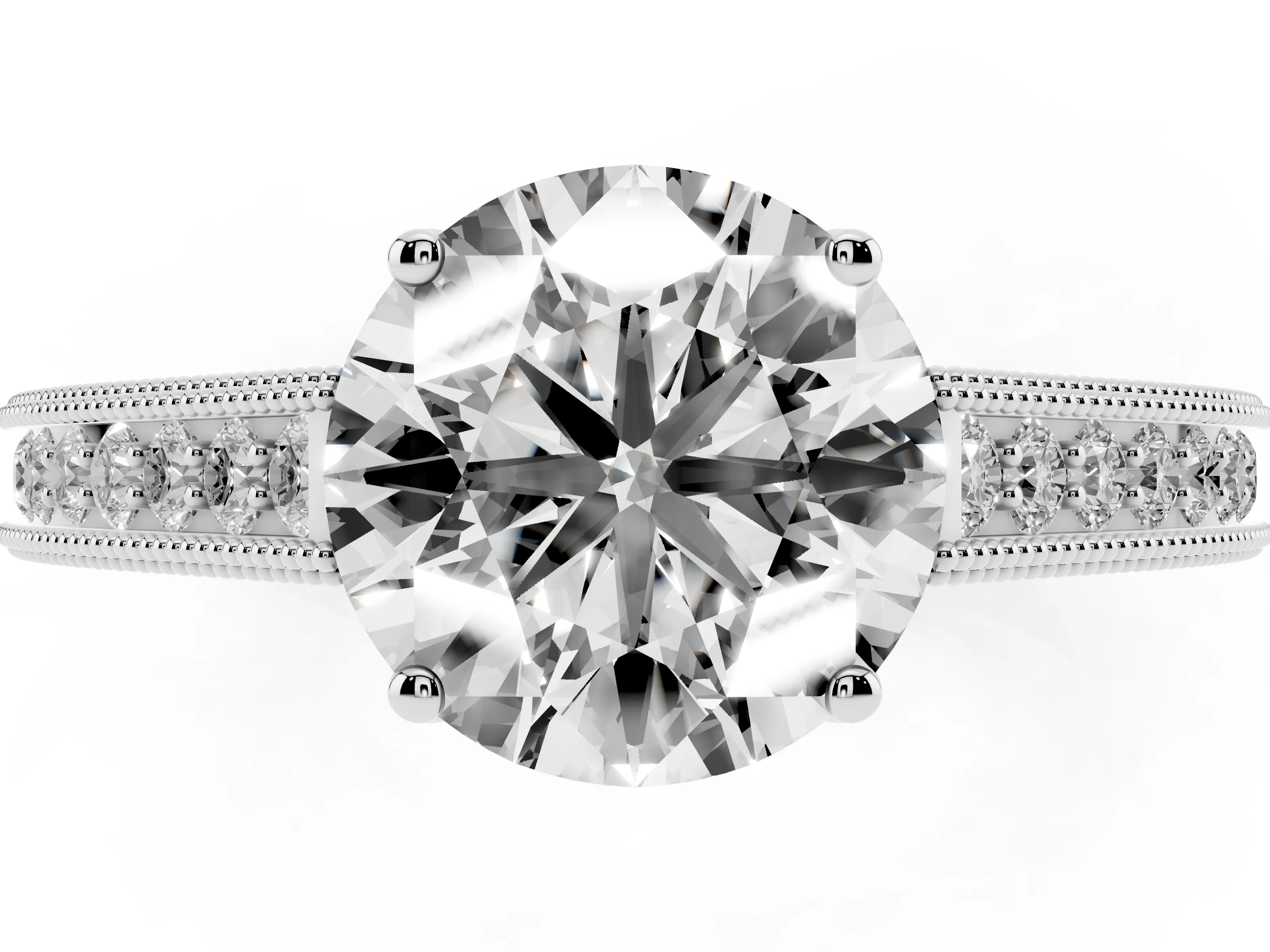 Round Cut Diamond Milgrain Pavé Band Solitaire Ring Set in Silver with Prong Setting