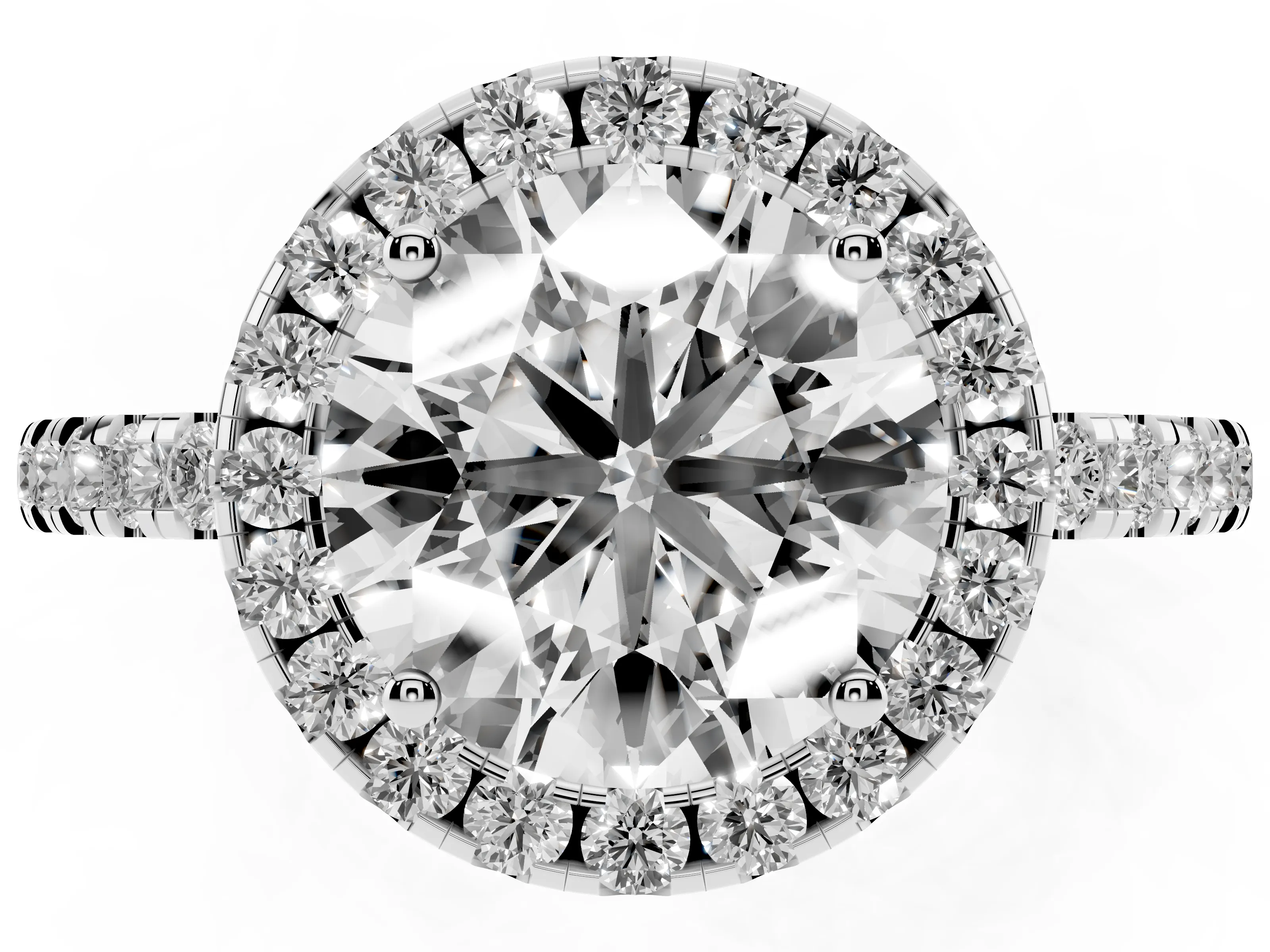 Round Cut Diamond Pavé Band Halo Engagement Ring Set in White gold with Prong Setting