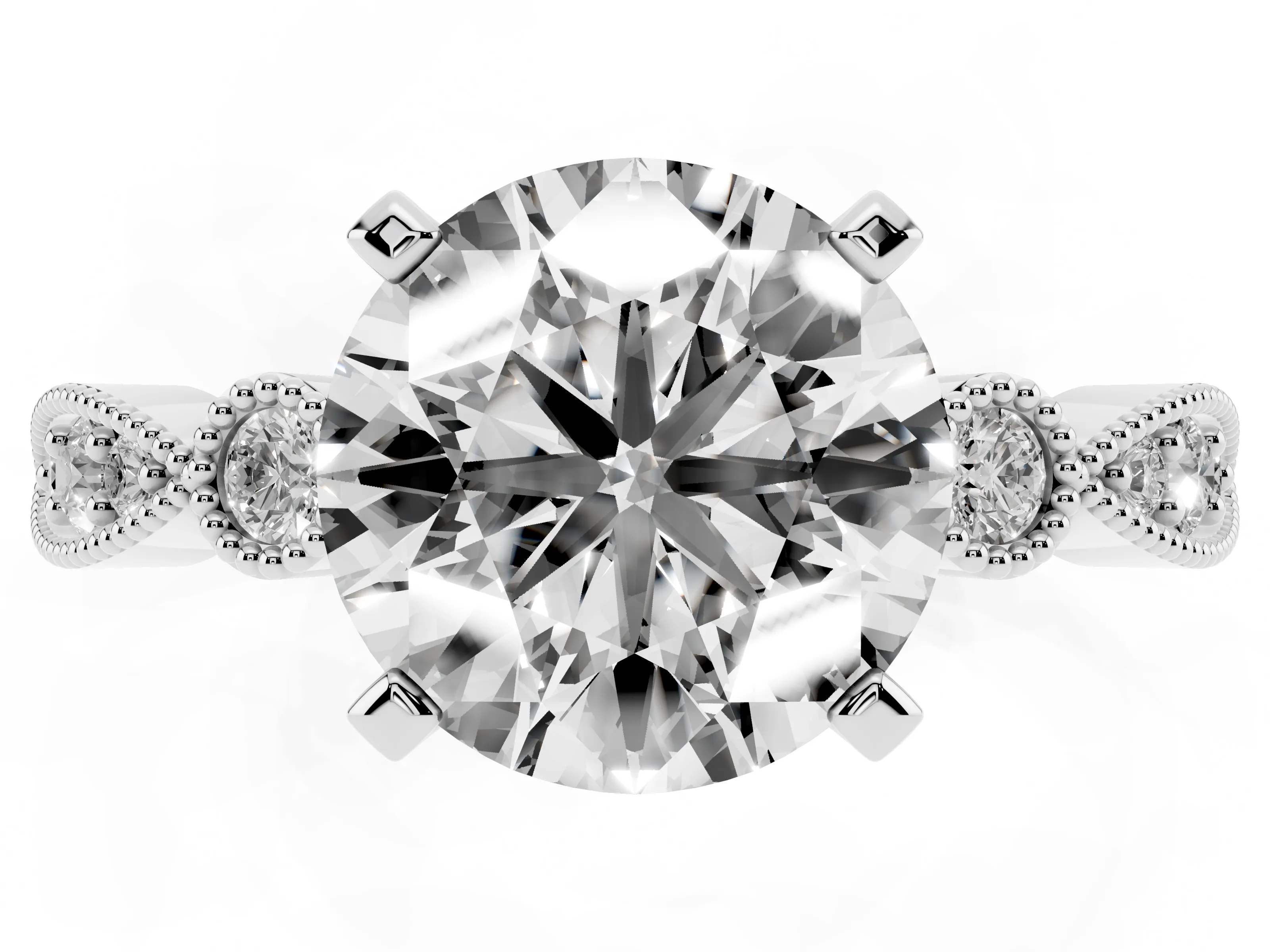 Round Cut Diamond Solitaire Engagement Ring Set in Silver with Milgrain Bezel Accent Band