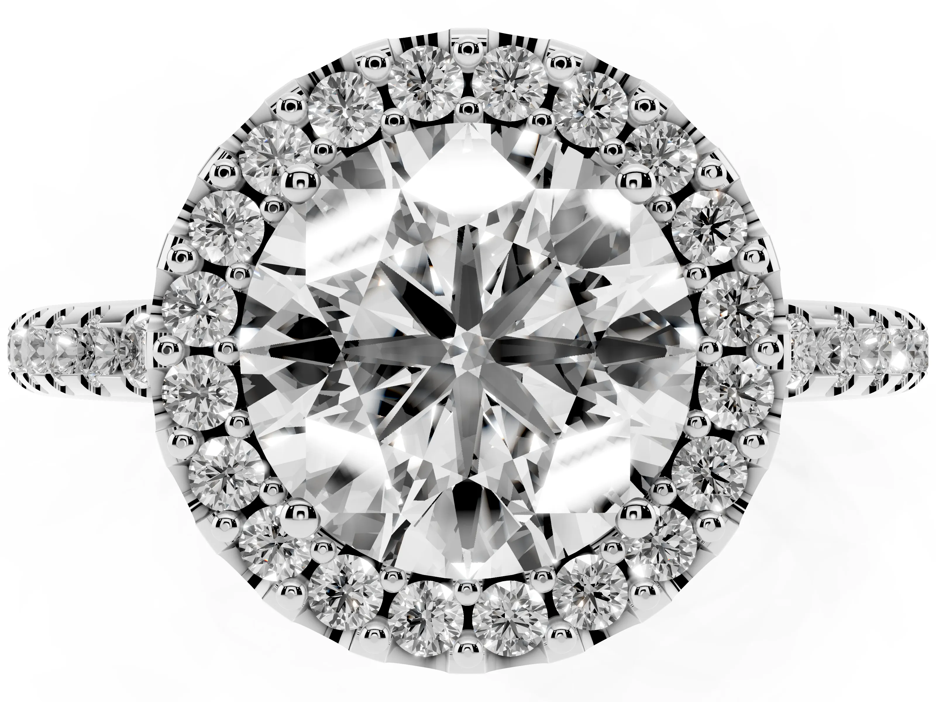 Round Cut Diamond Pavé Halo Ring Set in Platinum with Prong Setting