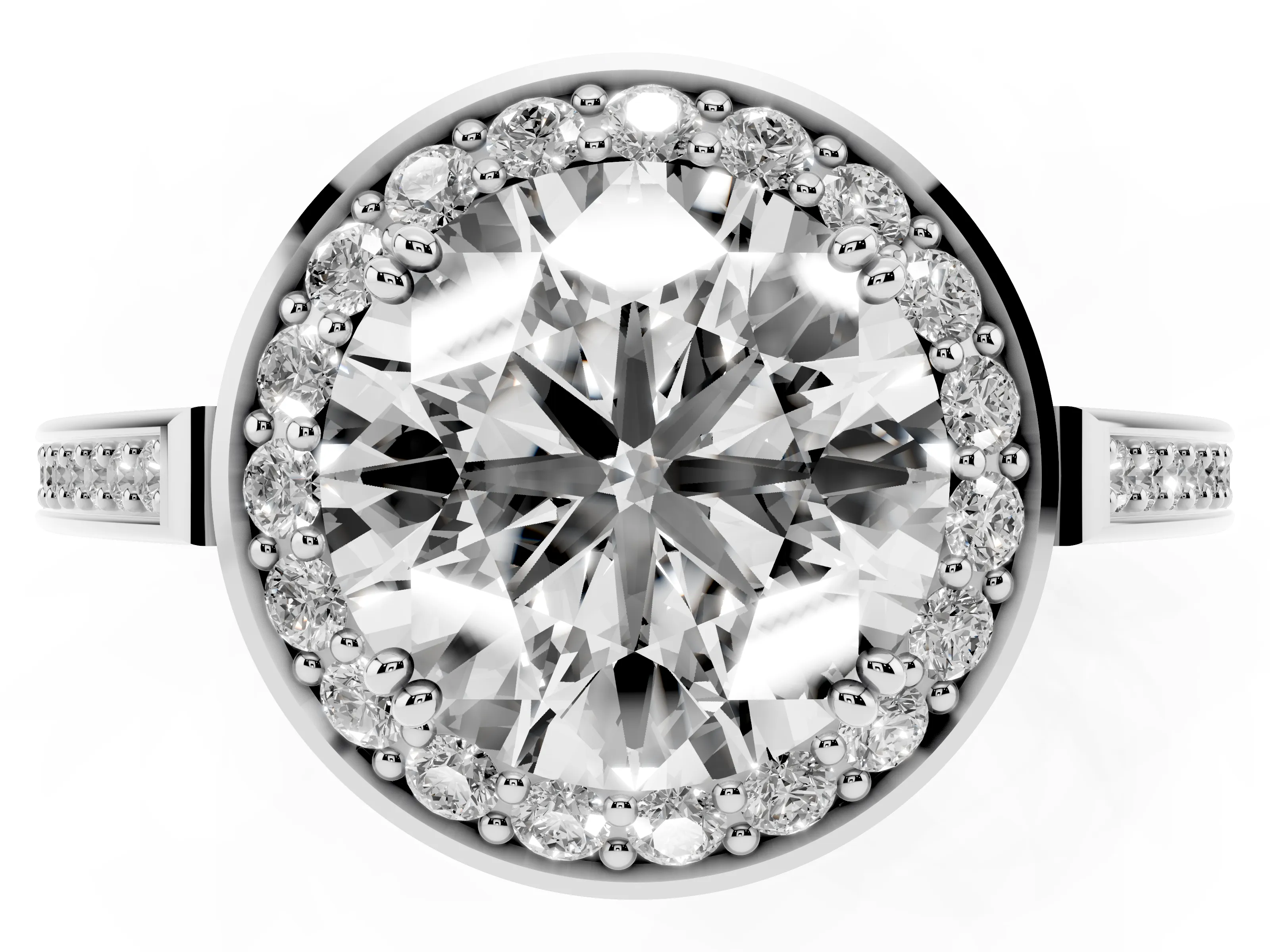 Round Cut Diamond Halo Ring Set in Platinum with Accent-Lined Split Shank and Prong Setting