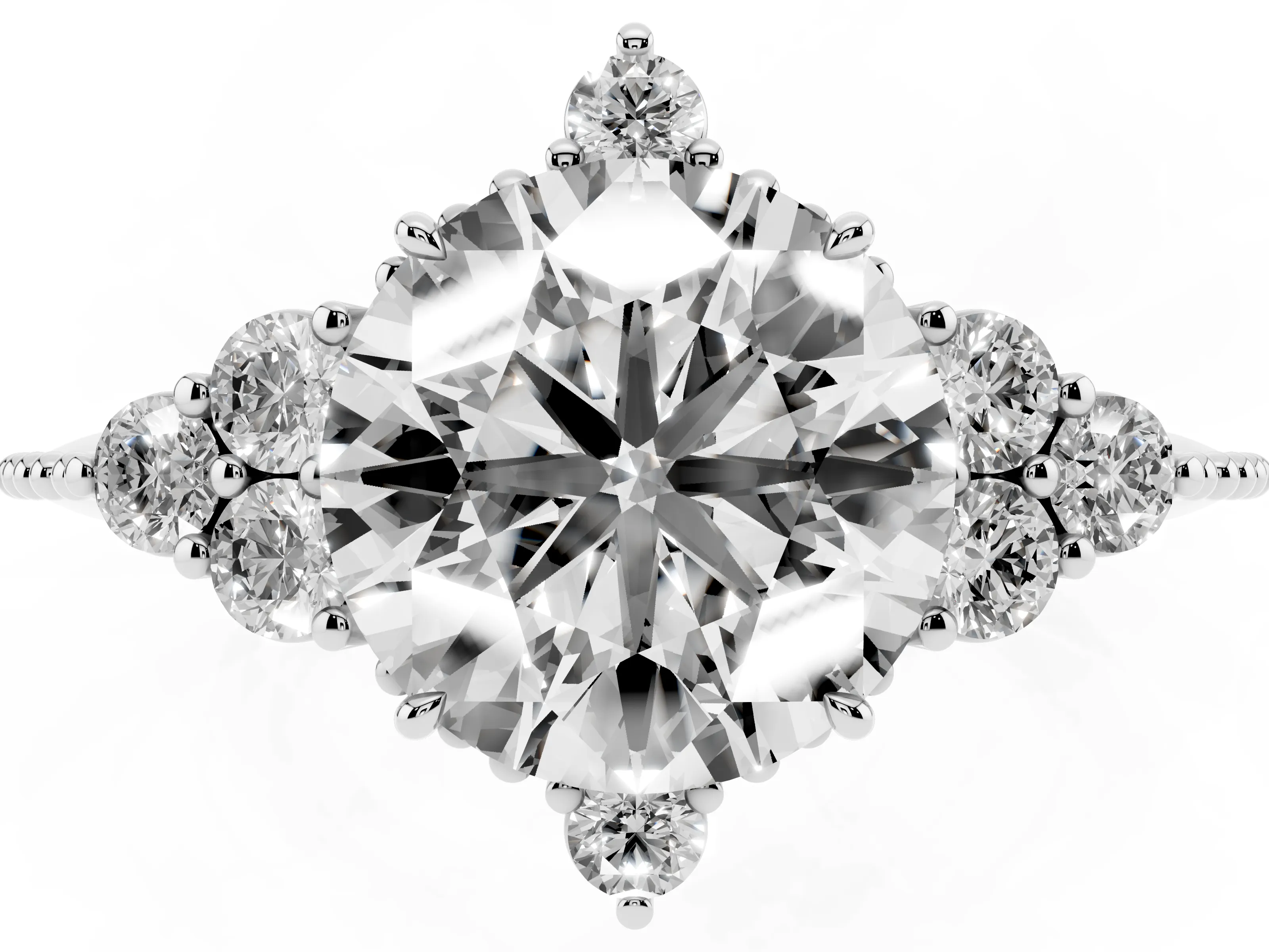 Round Cut Diamond Cluster Ring Set in Platinum with Beaded Band