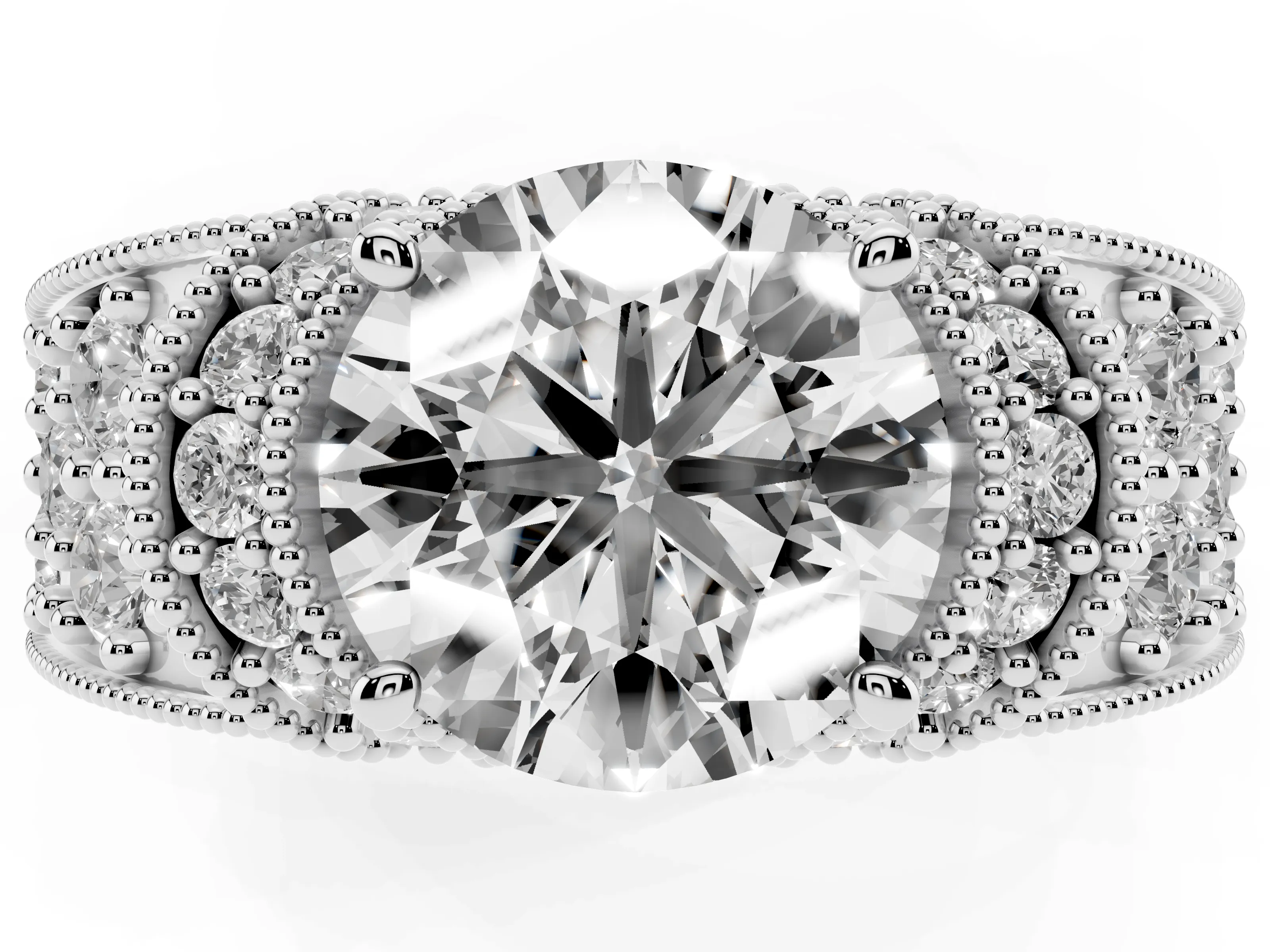 Round Cut Diamond Milgrain Halo Pavé Engagement Ring Set in White gold with Prong Setting