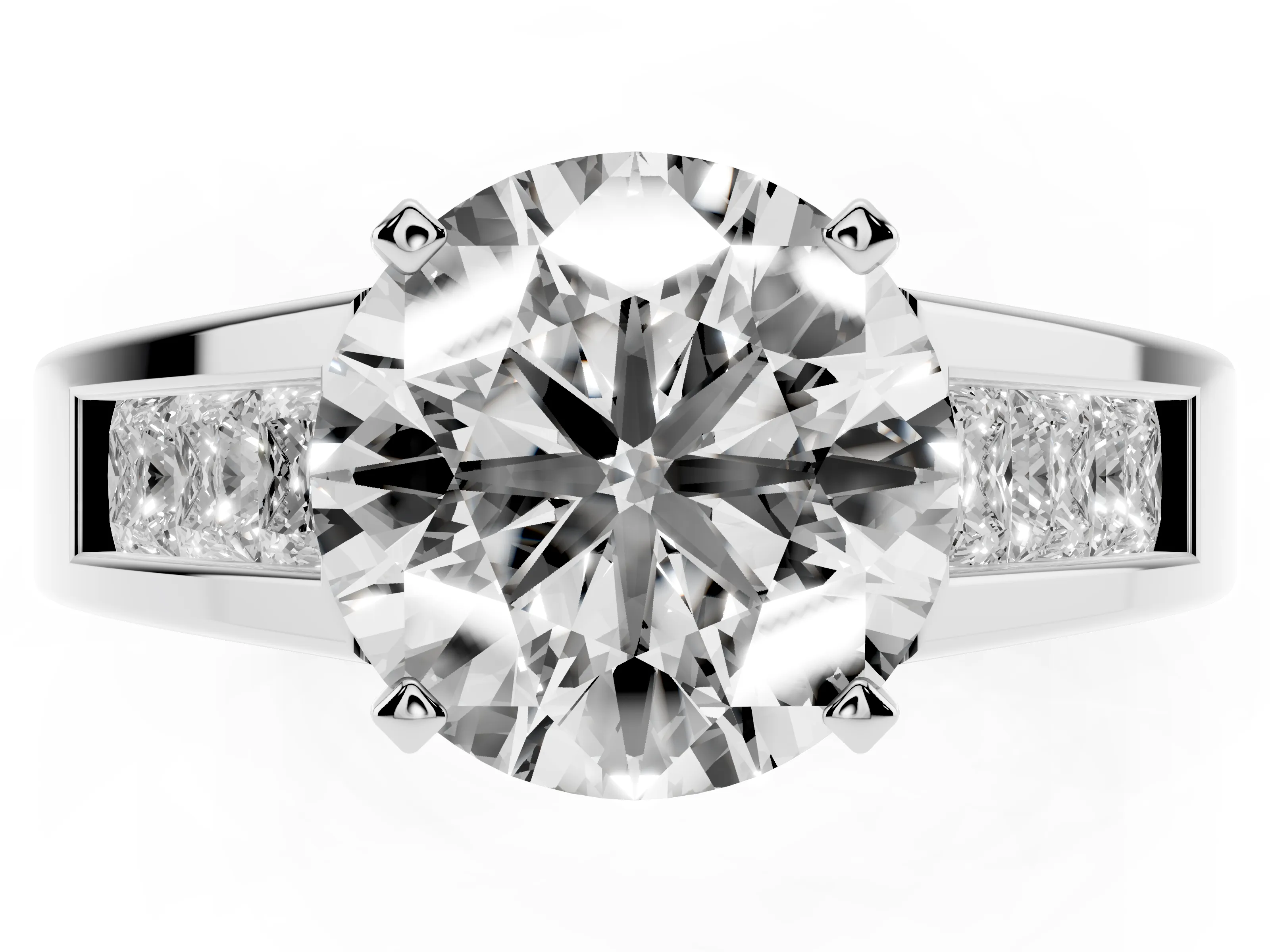 Round Cut Diamond Solitaire Ring Set in Silver with Channel-Set Accent Stones and Prong Setting