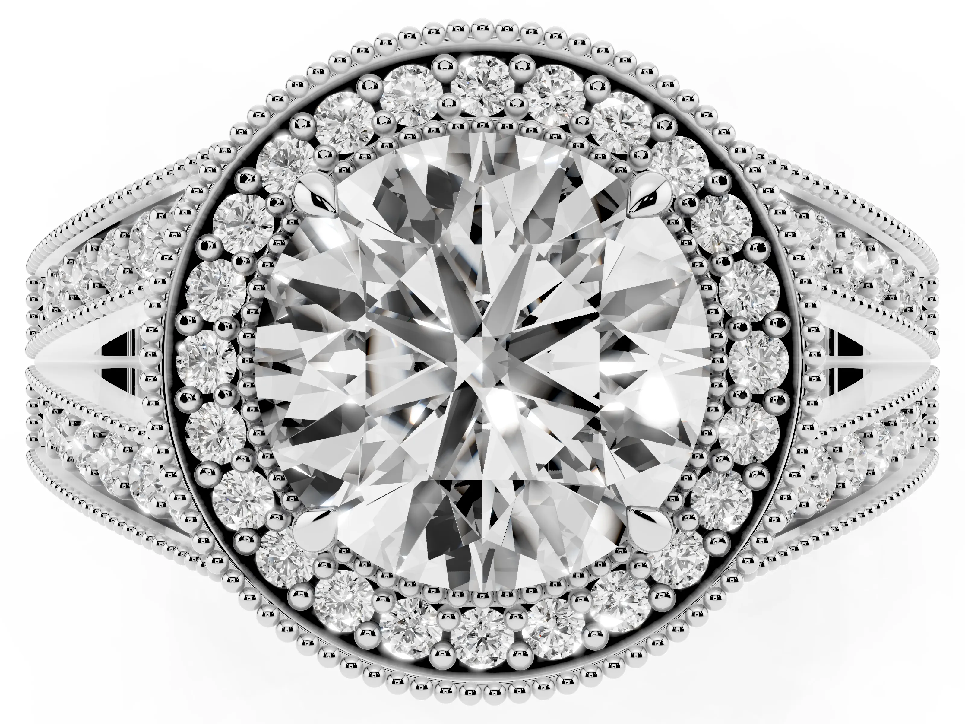 Round Cut Diamond Halo Ring Set in Silver with Stone-Set Split Shank and Milgrain Edges