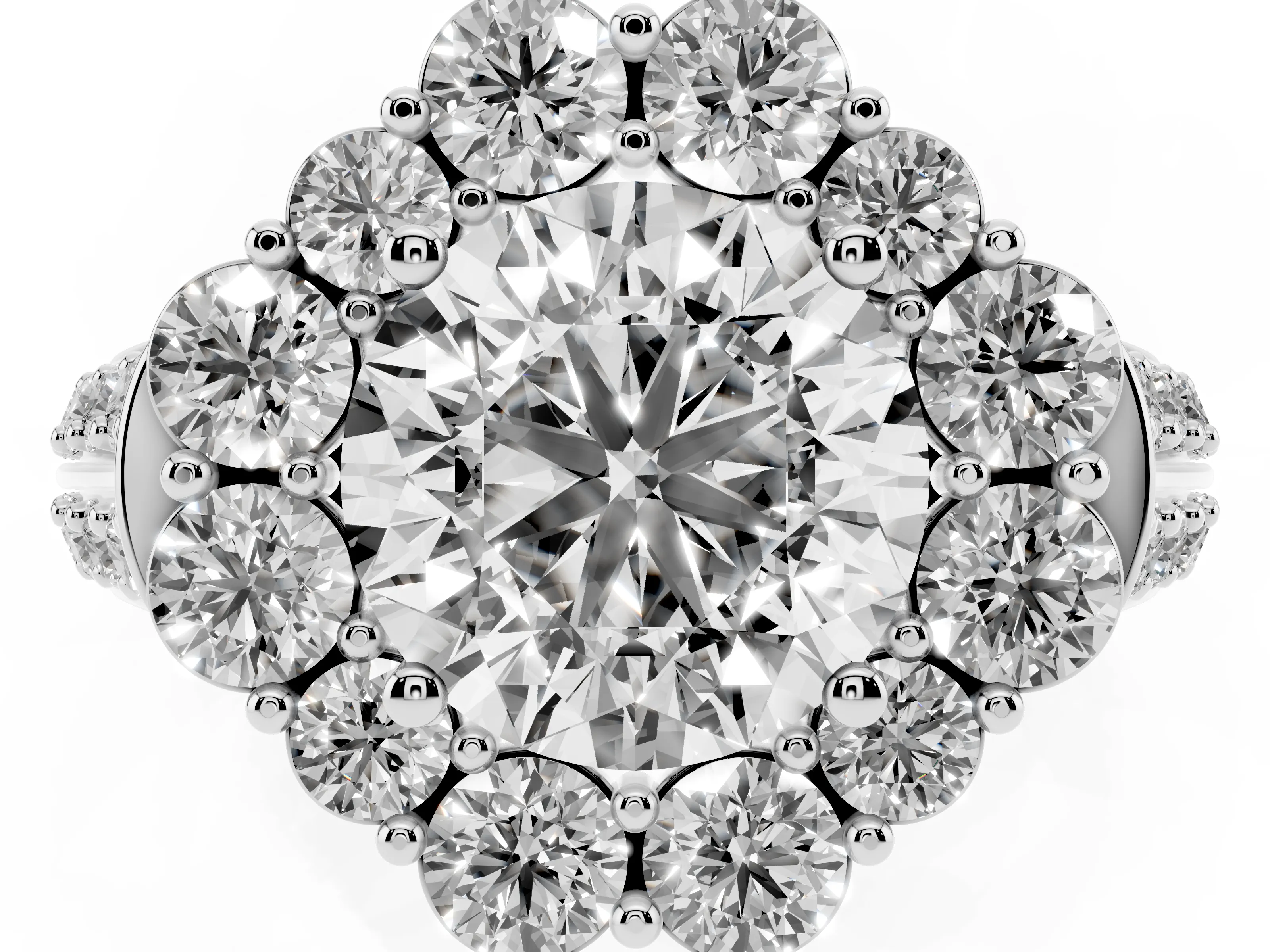 Round Cut Diamond Halo Engagement Ring Set in White gold with Split Shank and Prong Setting