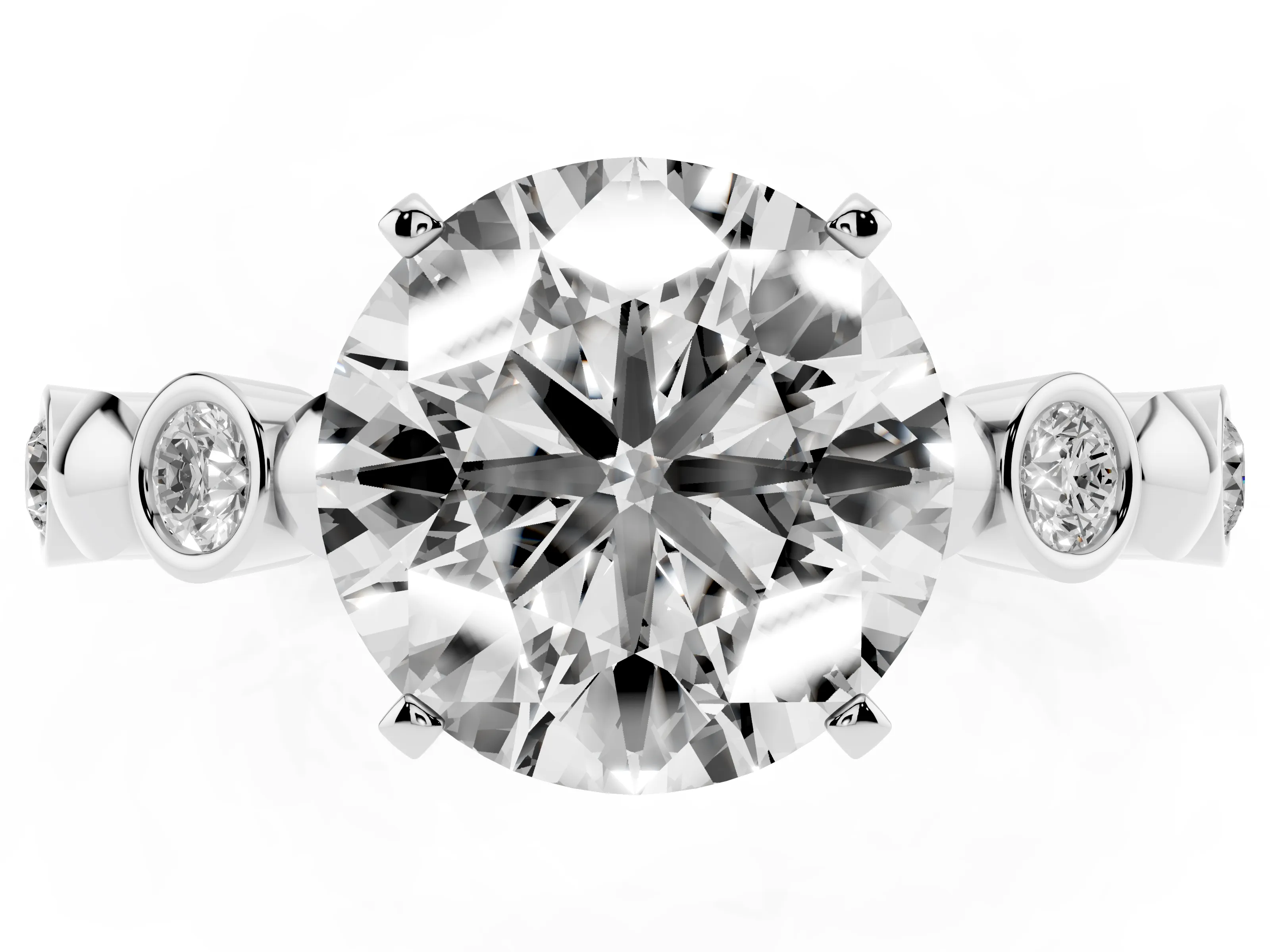 Round Cut Diamond Solitaire Ring Set in Platinum with Bezel-Set Accents on Beaded Band and Prong Setting