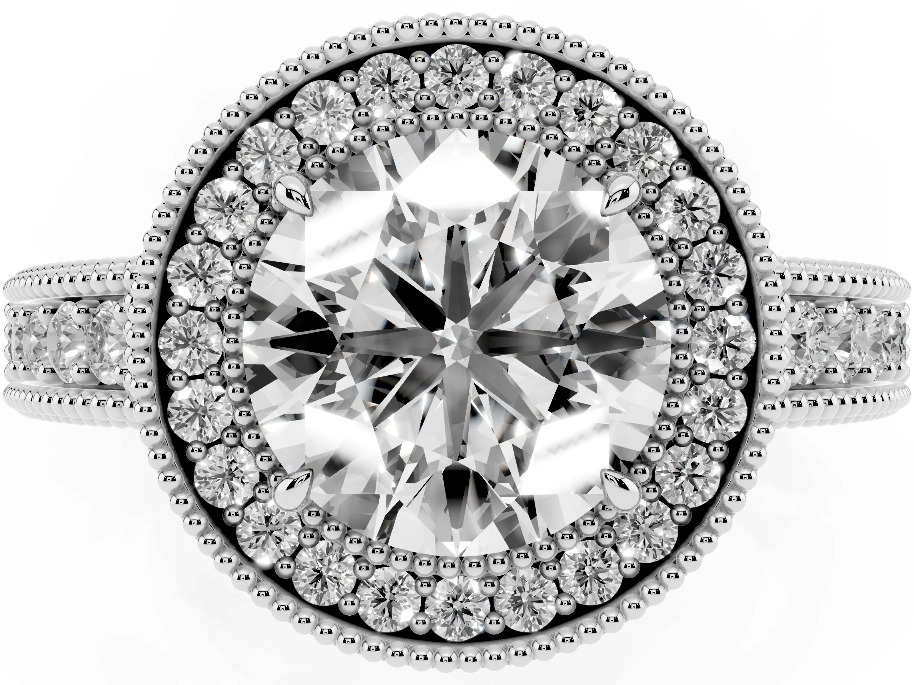 Round Cut Diamond Halo Ring Set in White gold with Round Accent Halo, Pavé Band and Prong Setting