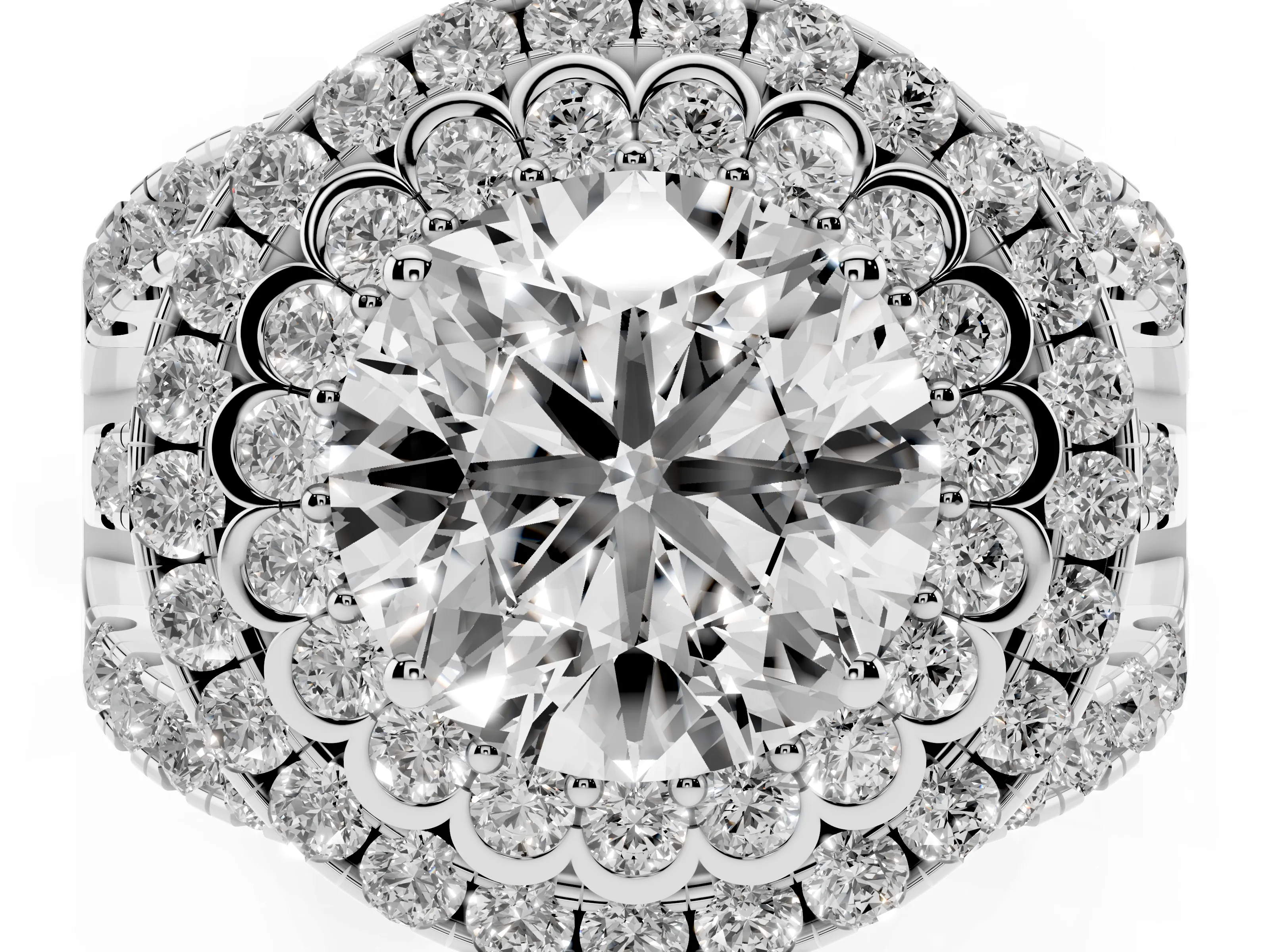 Round Cut Diamond Double Halo Ring Set in White gold with Round Pavé Split Shank