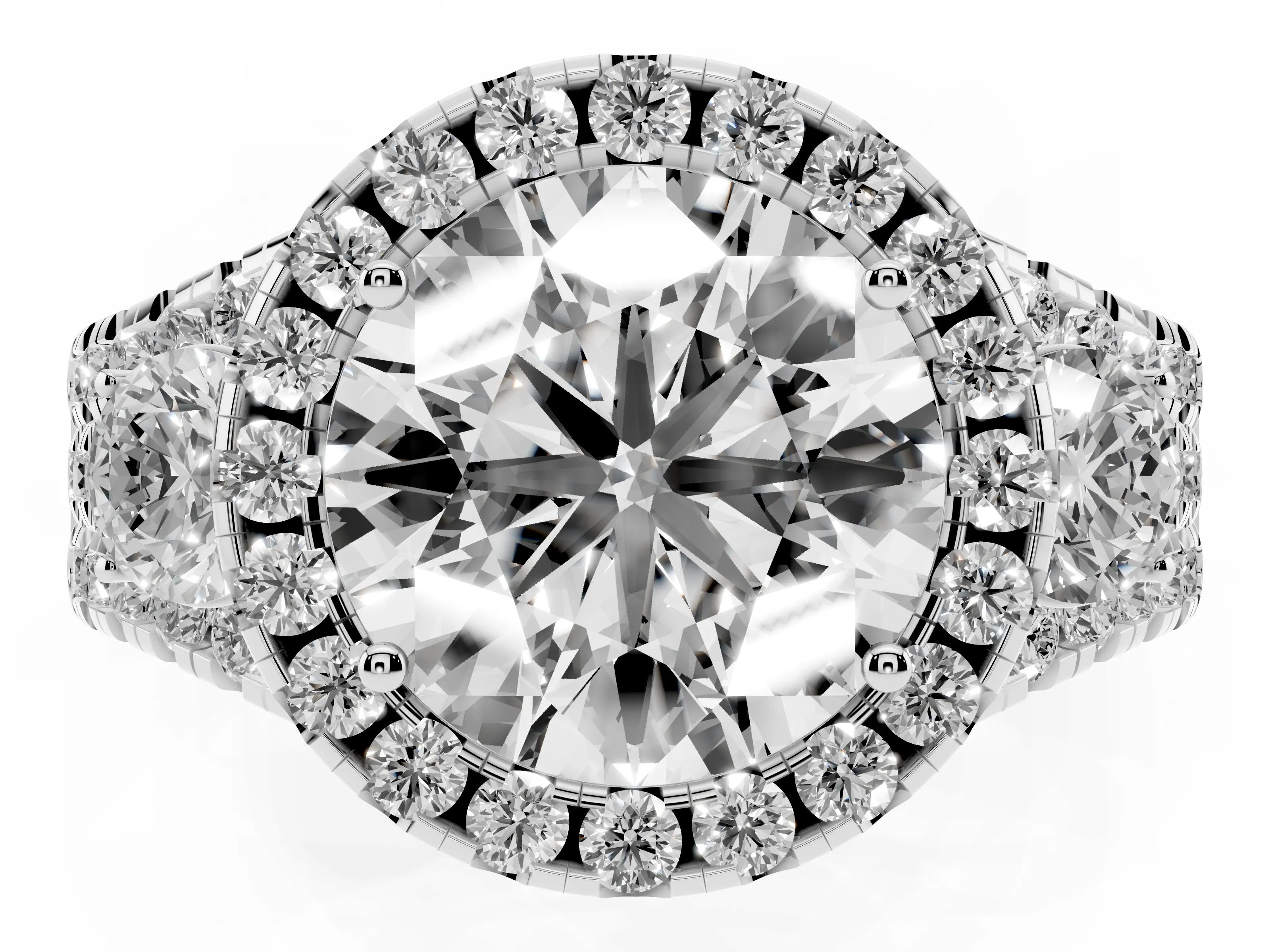 Round Cut Diamond Halo Split Shank Ring Set in Platinum with Round Accent Stones and Prong Setting
