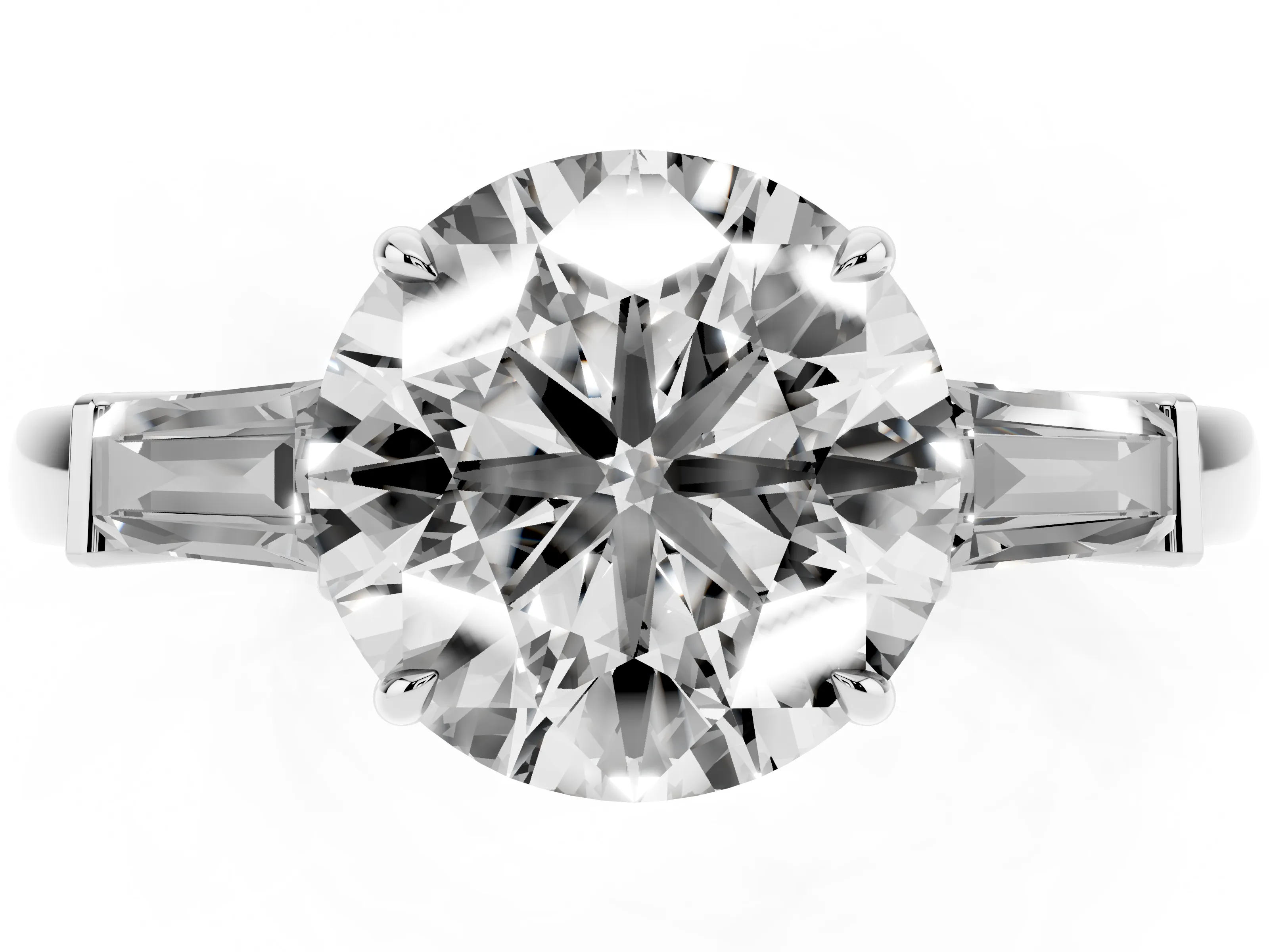 Round Cut Diamond Three-Stone Ring Set in White gold with Tapered Baguette Side Stones and Prong Setting