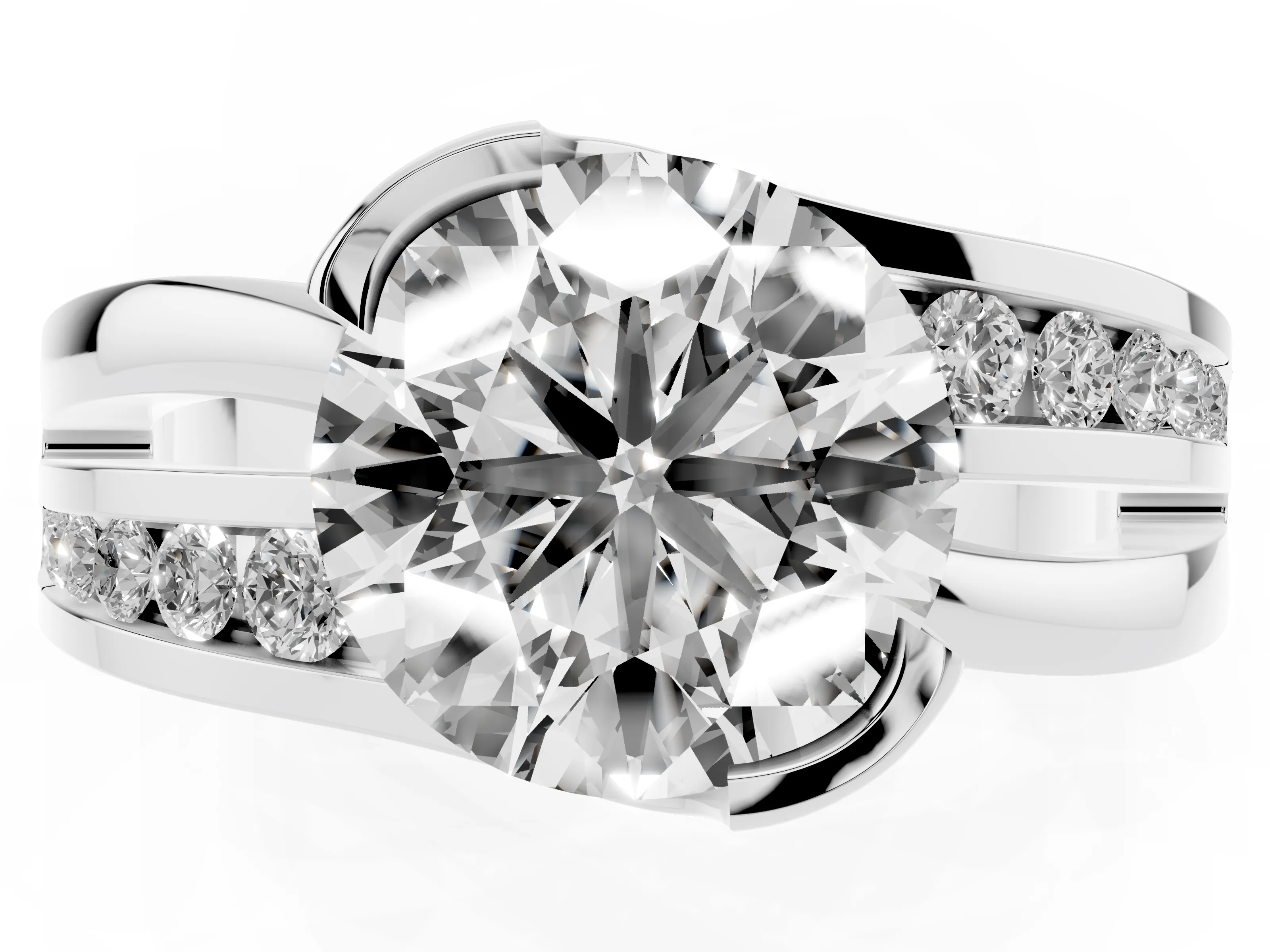 Round Cut Diamond Solitaire Ring Set in Silver with Channel Set Split Shank and Tension Prongs