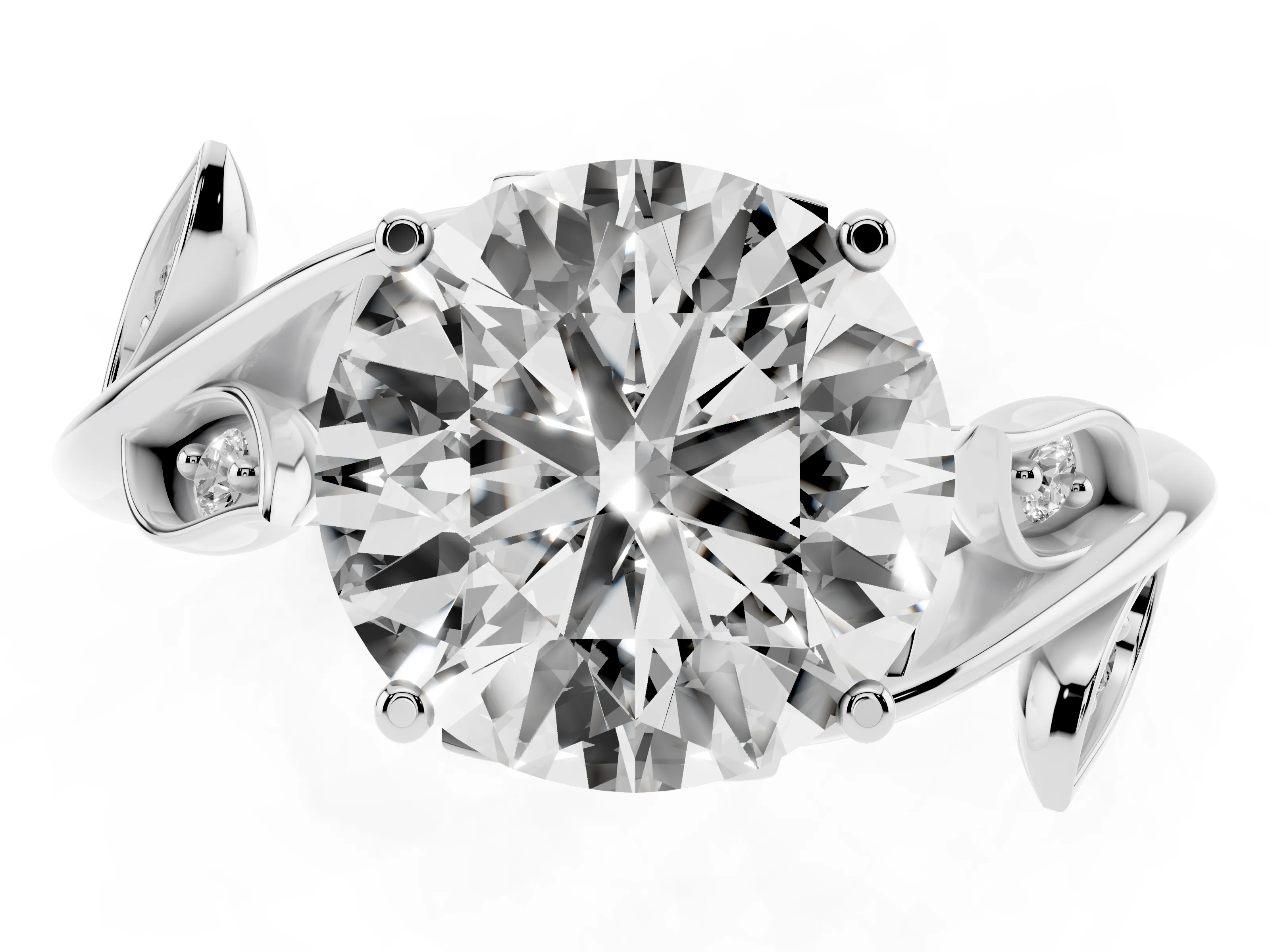 Round Cut Diamond Solitaire Twist Engagement Ring Set in Platinum with Pavé Leaf Accents