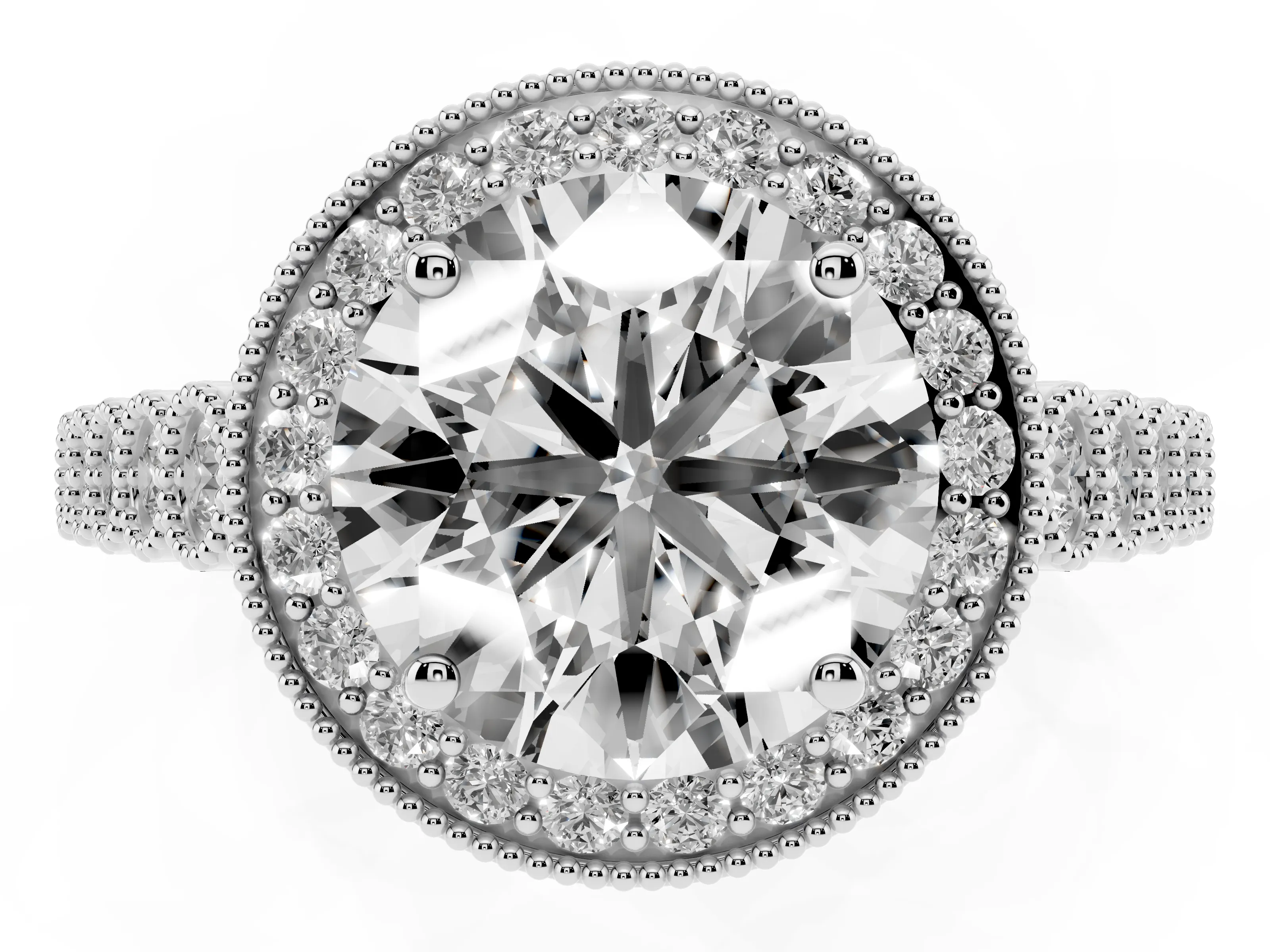 Round Cut Diamond Milgrain Halo Solitaire Ring Set in White gold with Bezel Set Side Stones and Pavé Band