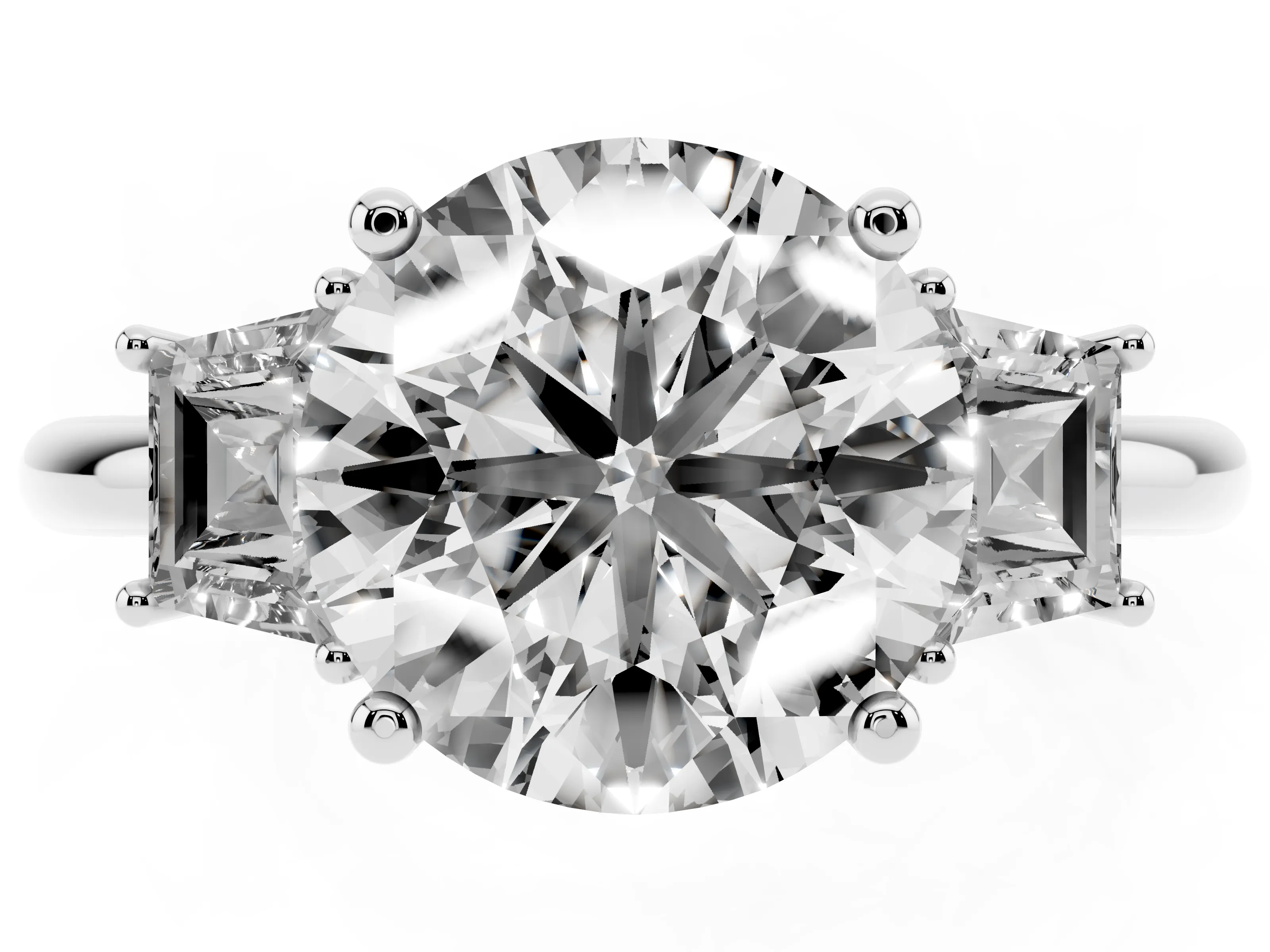 Round Cut Diamond Three-Stone Ring Set in White gold with Trapezoid Side Stones and Prong Setting