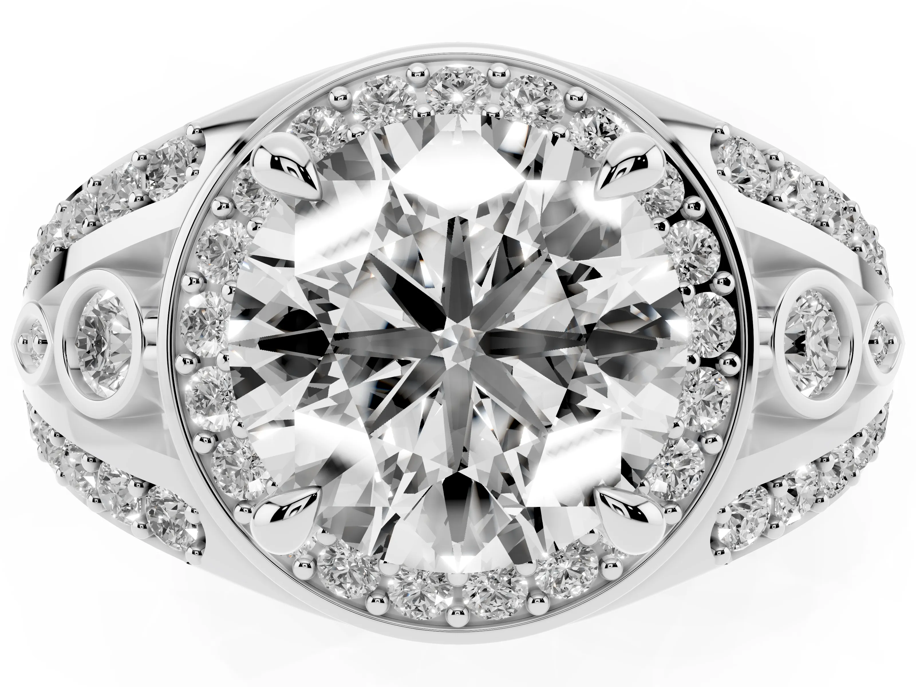Round Cut Diamond Halo Ring Set in Silver with Pavé Split Shank and Bezel Accents