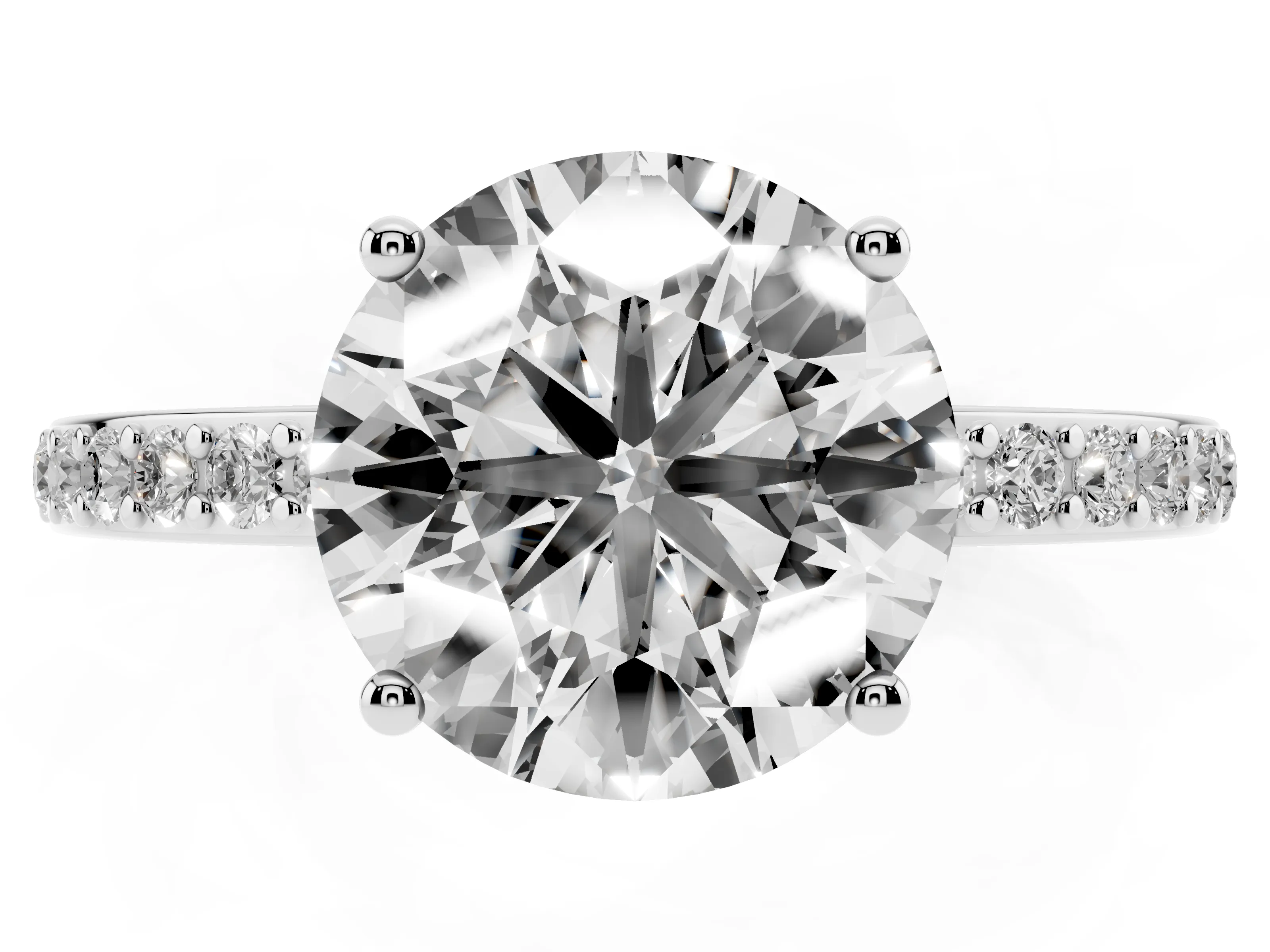 Round Cut Diamond Pavé Band Ring Set in Platinum with Prong-Set Center Stone