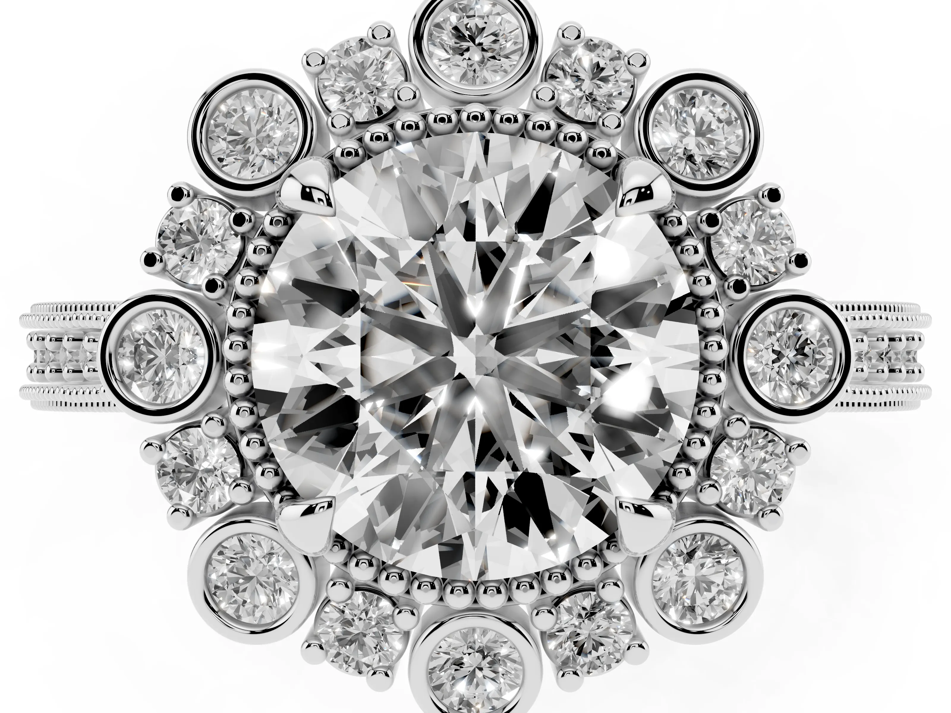 Round Cut Diamond Halo Milgrain Pavé Ring Set in White gold with Prong Setting