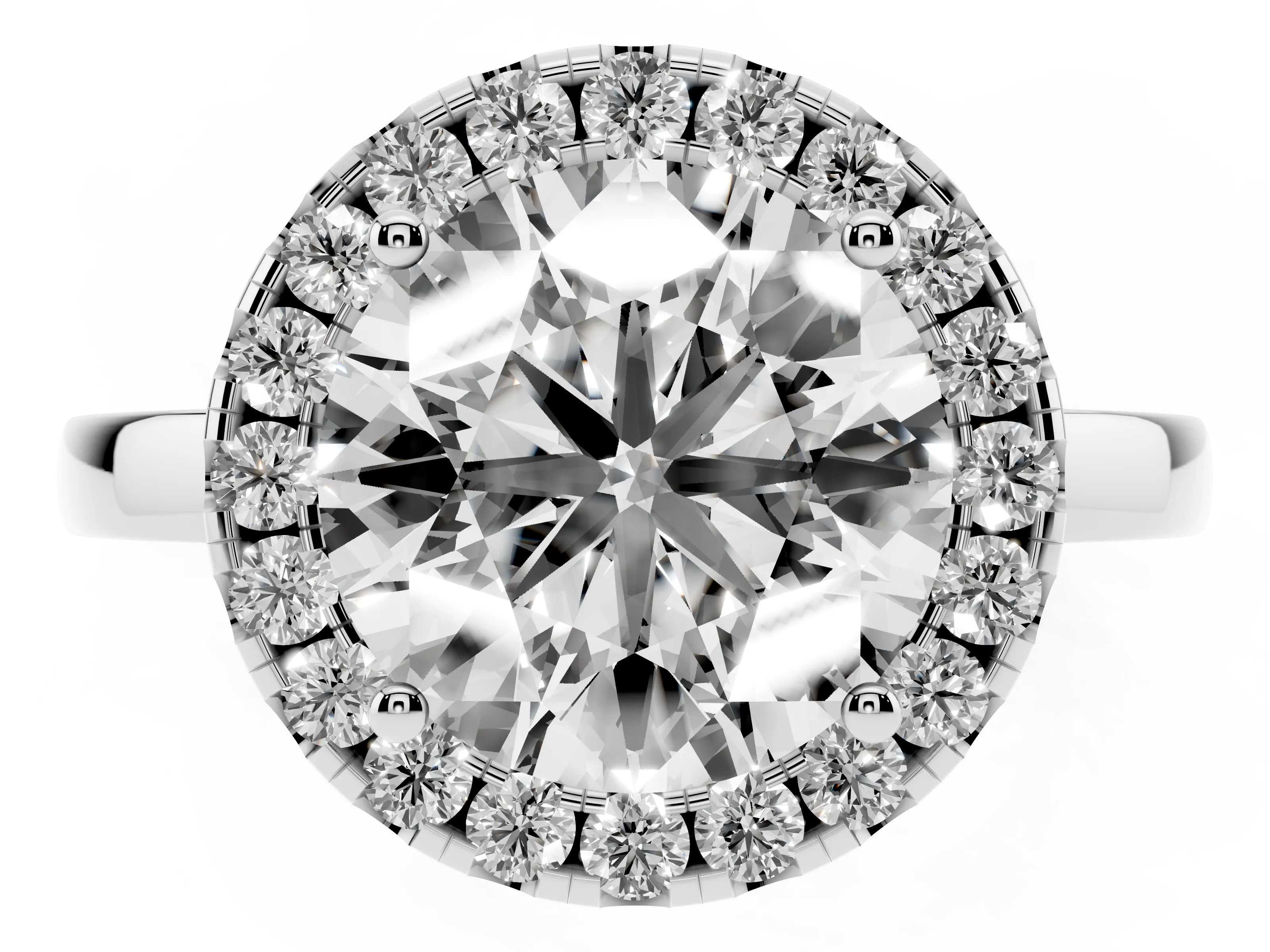 Round Cut Diamond Halo Solitaire Ring Set in White gold with Pavé Band and Prong Setting