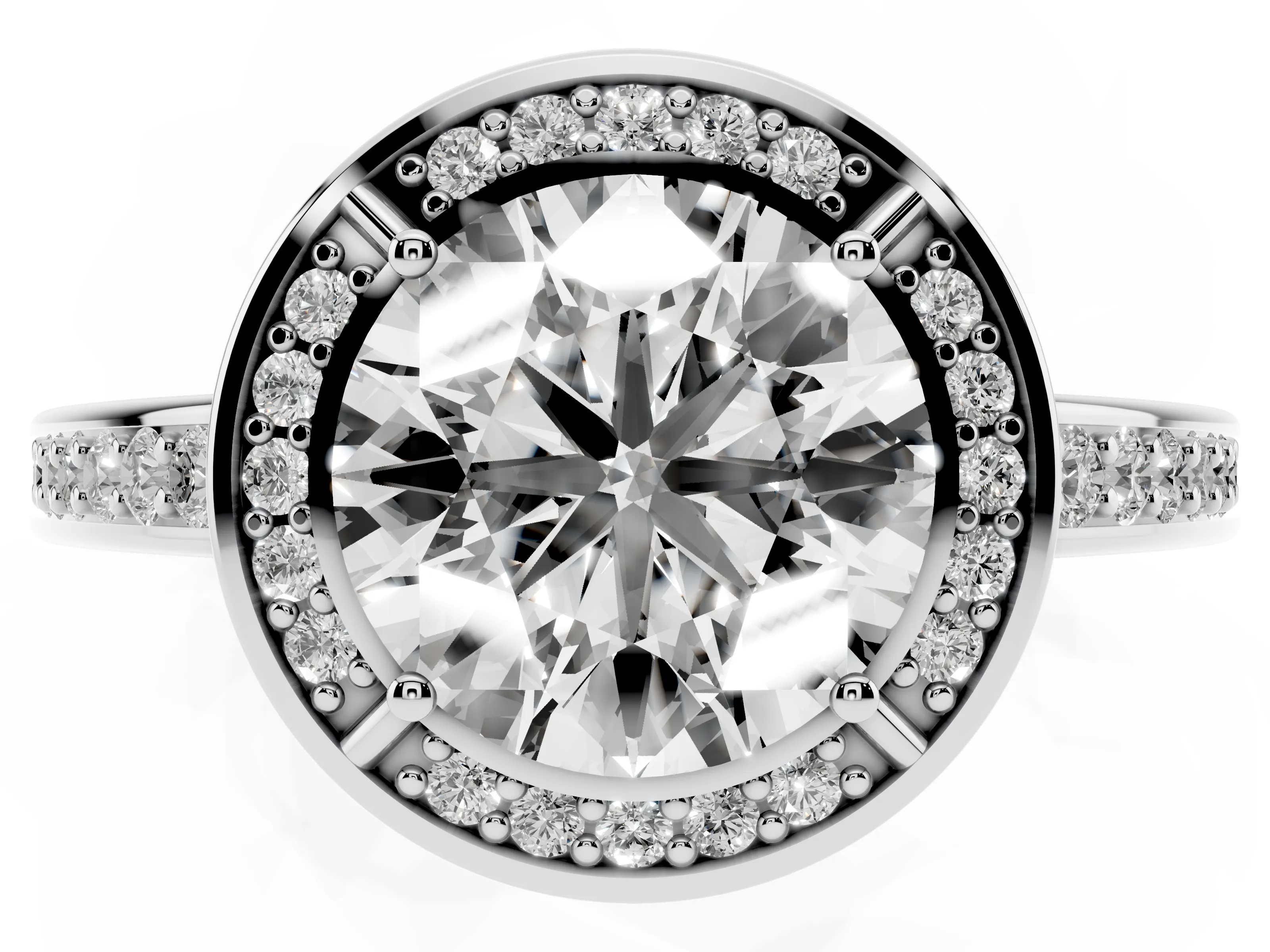 Round Cut Diamond Halo Pavé Split Shank Ring Set in White gold with Prong Setting