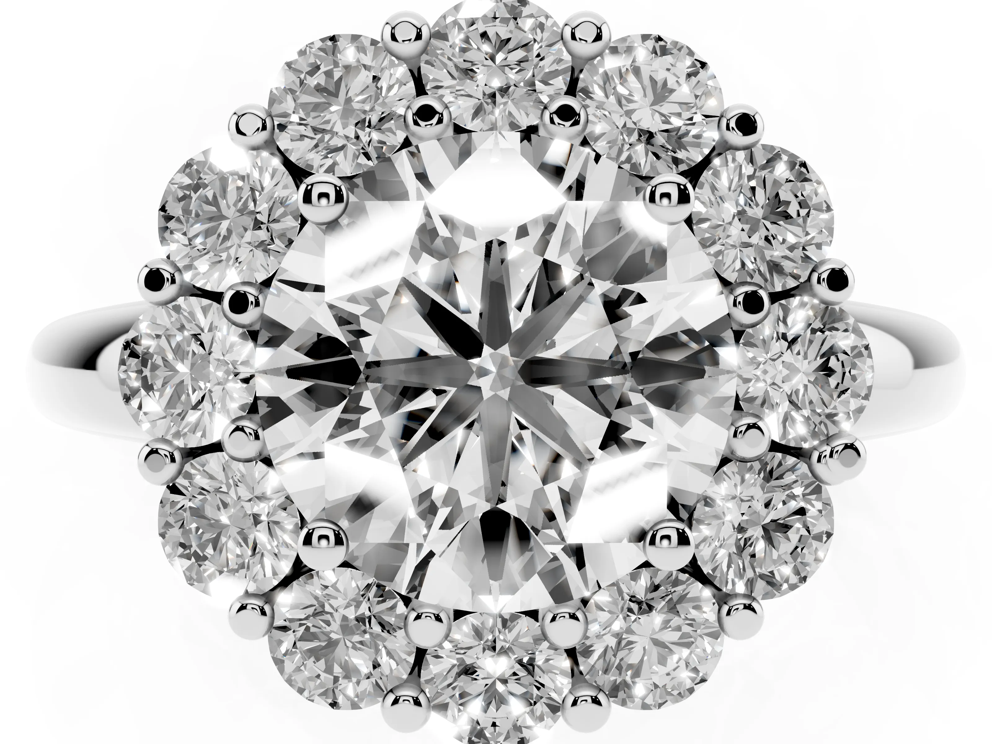 Round Cut Diamond Halo Cluster Engagement Ring Set in Platinum with Polished Band and Prong Setting
