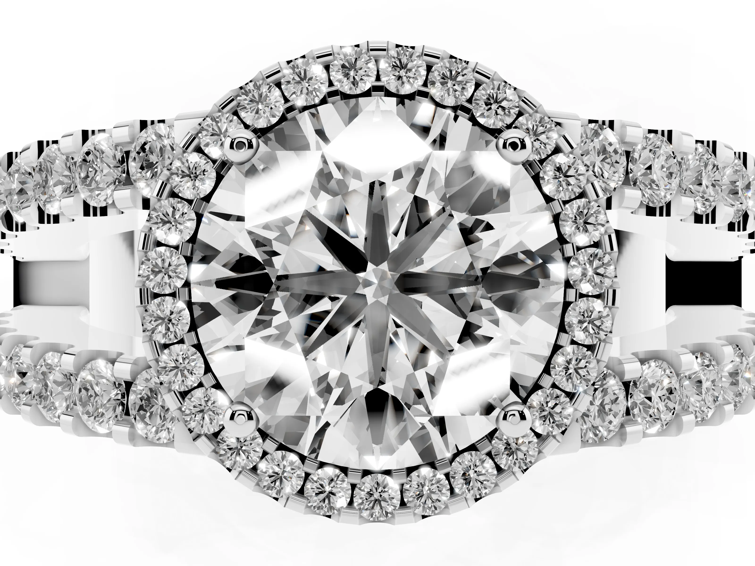Round Cut Diamond Halo Ring Set in White gold with Pavé Split Shank and Prong Setting
