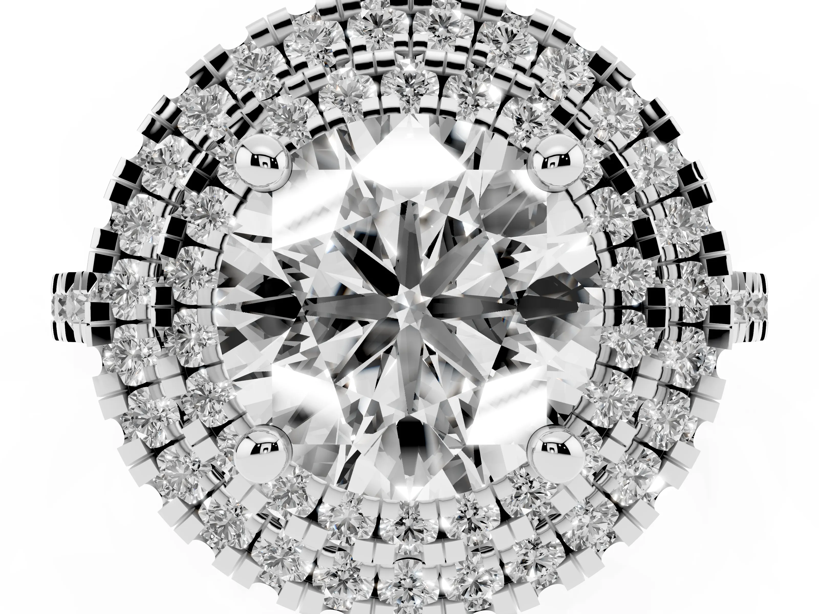 Round Cut Diamond Double Halo Statement Ring Set in Silver with Pavé Band