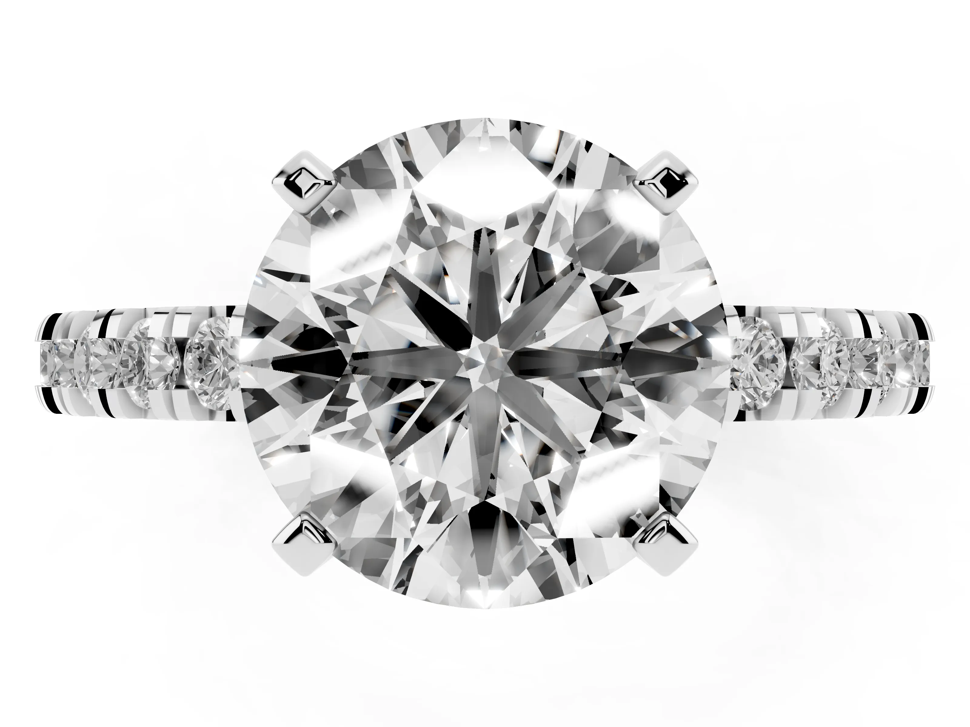 Round Cut Diamond Pavé Band Solitaire Set in White gold with Prong Setting