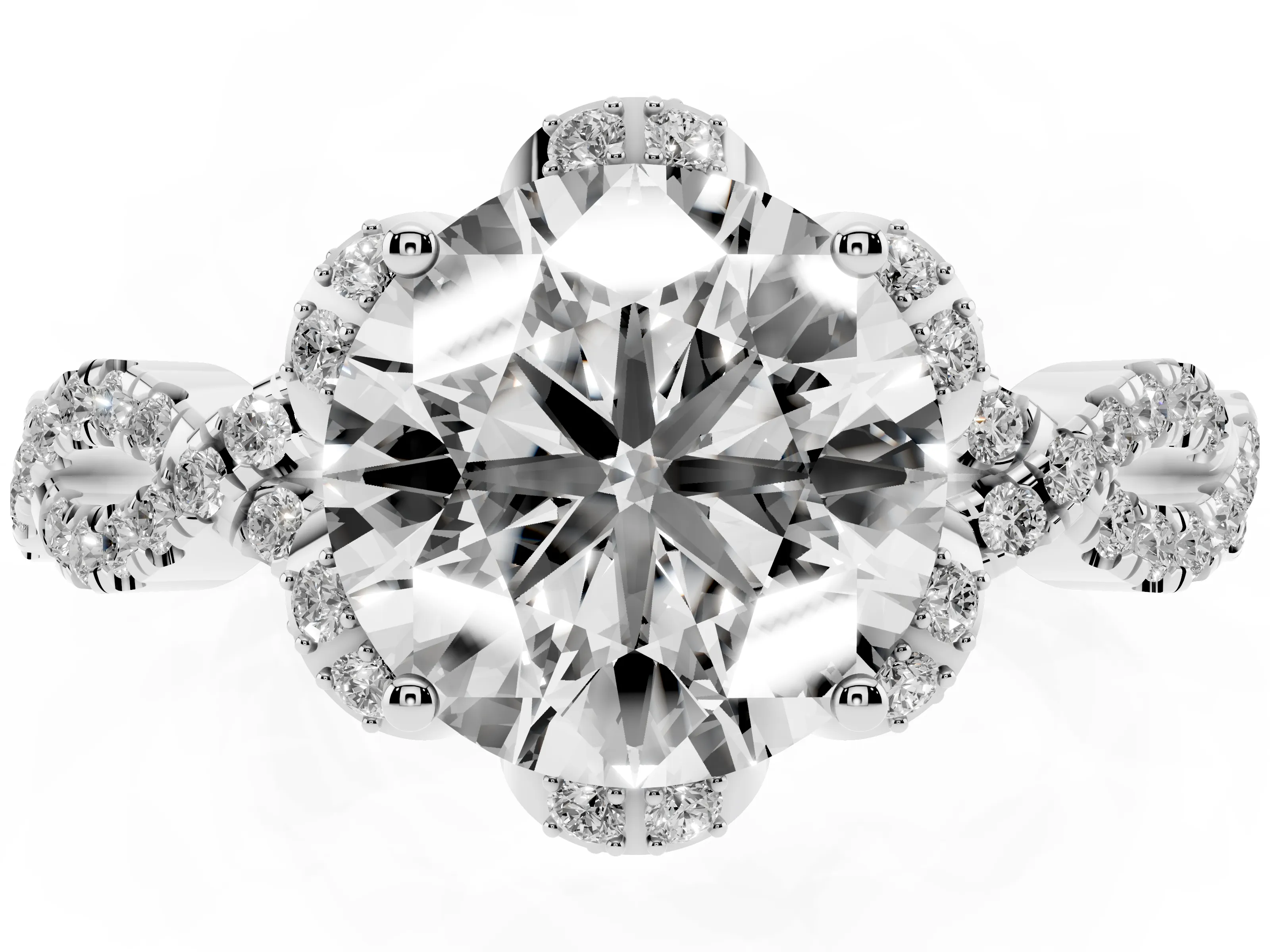 Round Cut Diamond Halo Twist Band Solitaire Ring Set in White gold with Prong-Set Center Stone