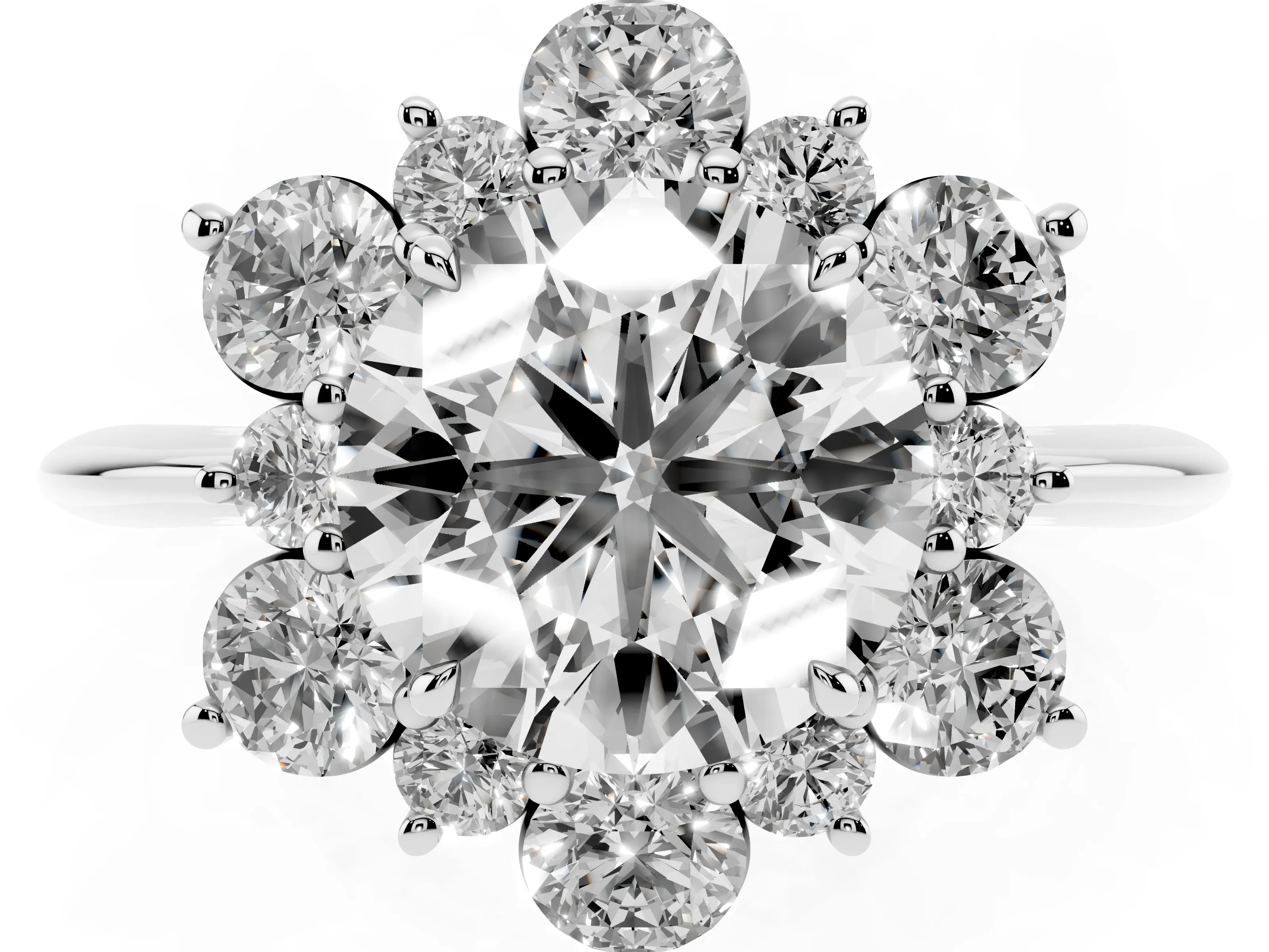 Round Cut Diamond Cluster Halo Ring Set in Platinum with Solitaire Band and Prong Setting