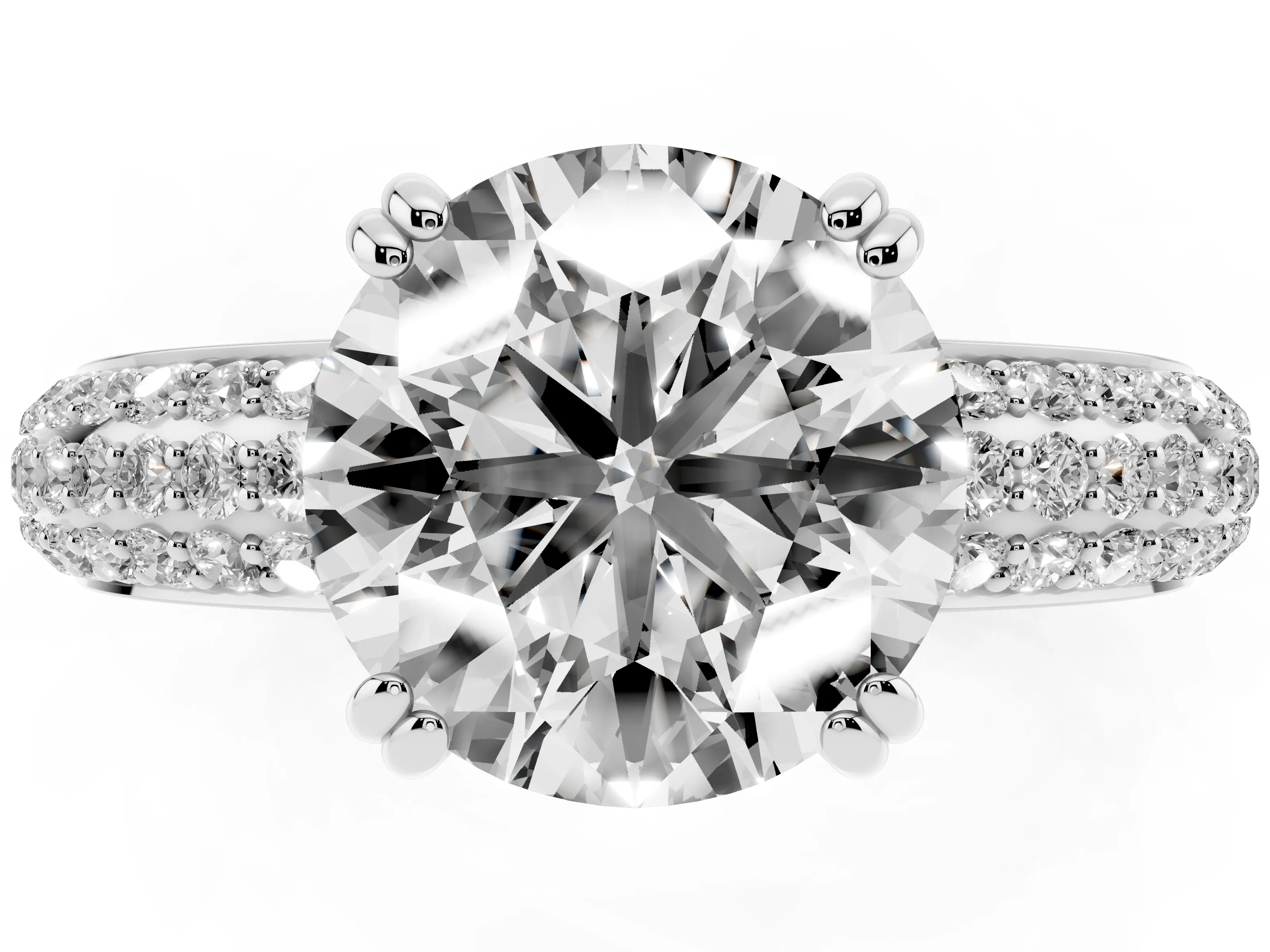 Round Cut Diamond Solitaire Ring Set in Platinum with Multi-Row Round Pavé Band and Prong Setting
