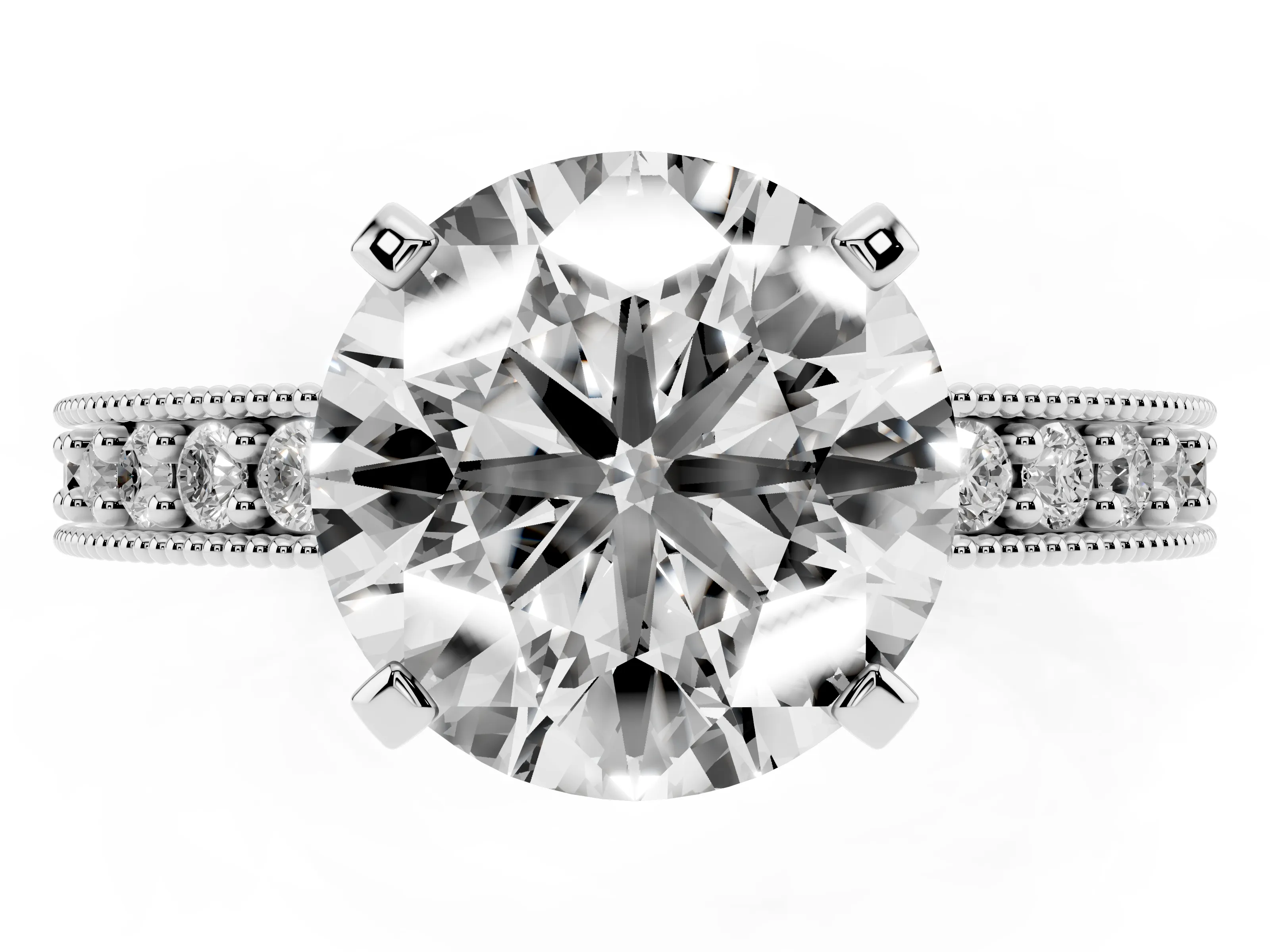 Round Cut Diamond Milgrain Pavé Engagement Ring Set in Platinum with Prong Setting