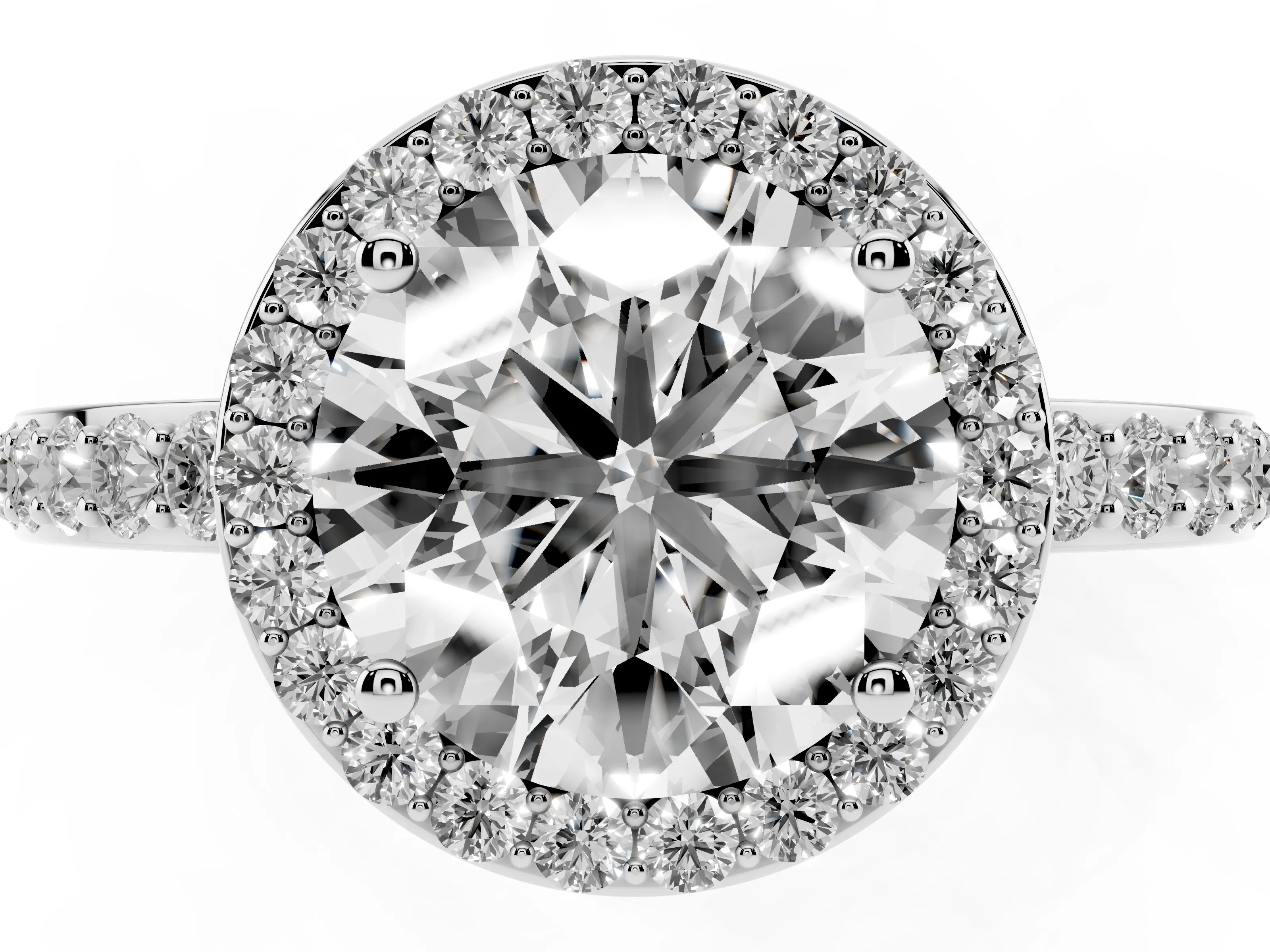 Round Cut Diamond Halo Ring Set in White gold with Pavé-Setting Band and Open Prong Center