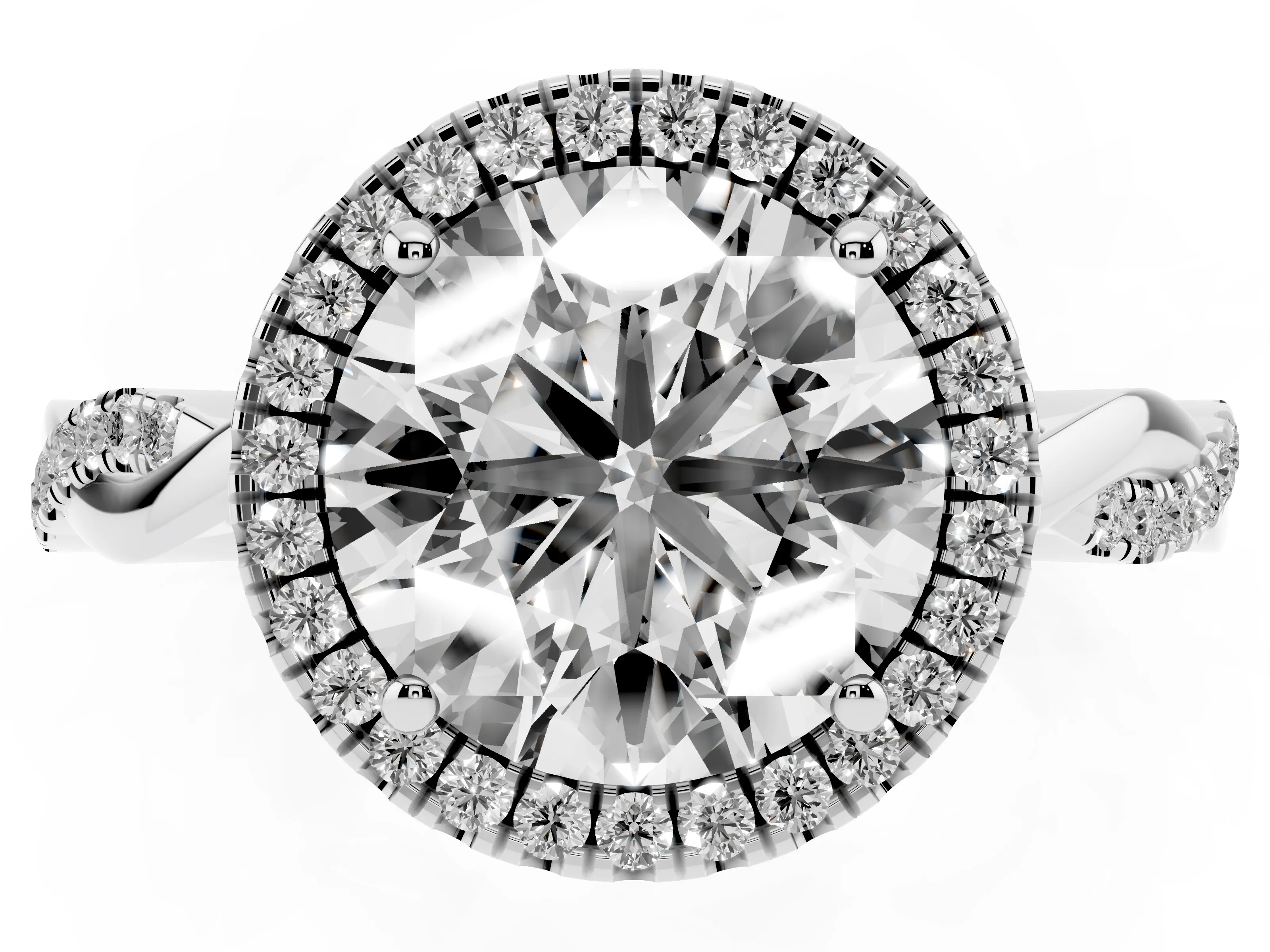 Round Cut Diamond Halo Twisted Band Ring Set in White gold with Prong Setting