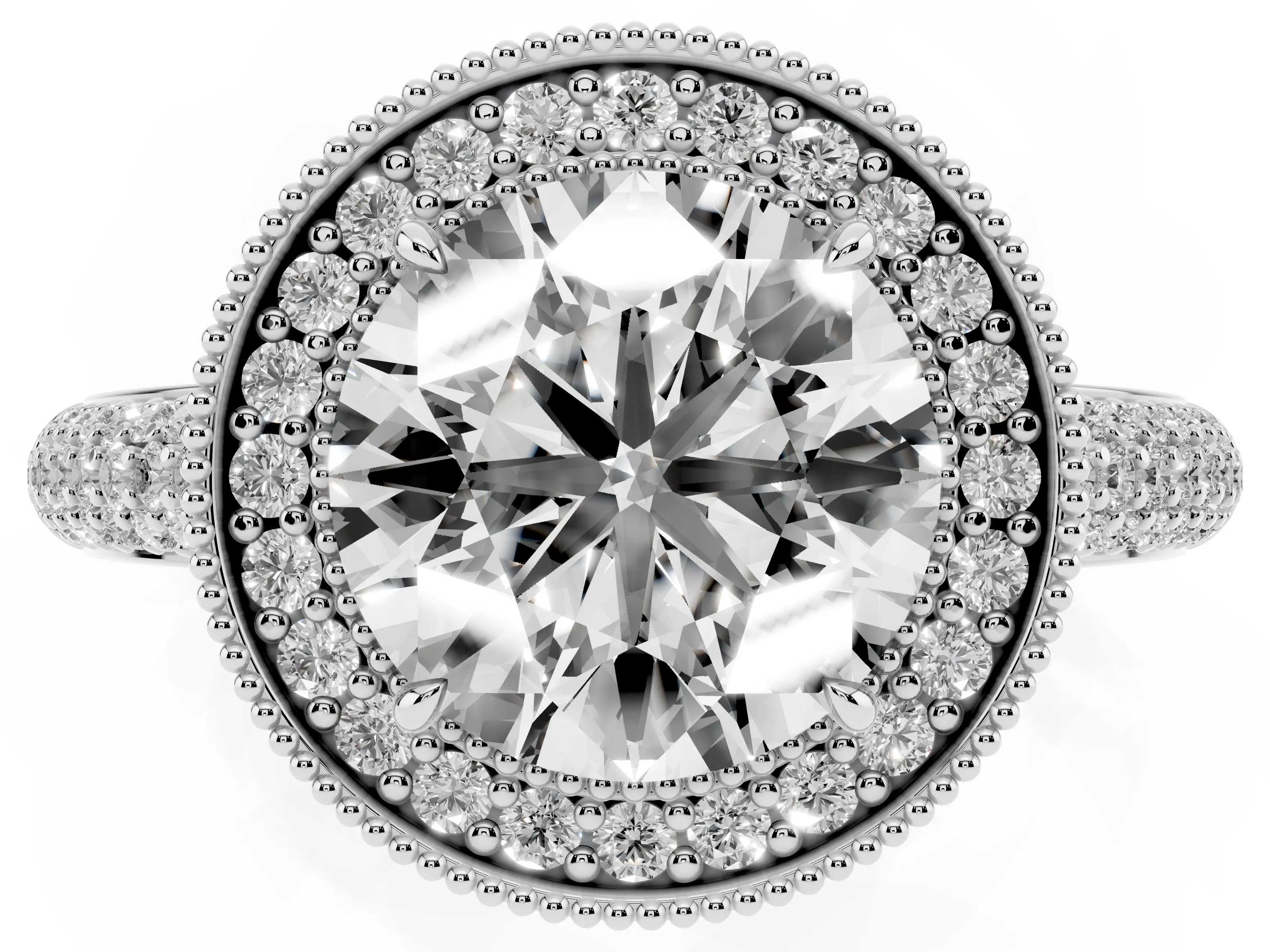 Round Cut Diamond Halo Pavé Band Set in Silver with Prong Setting