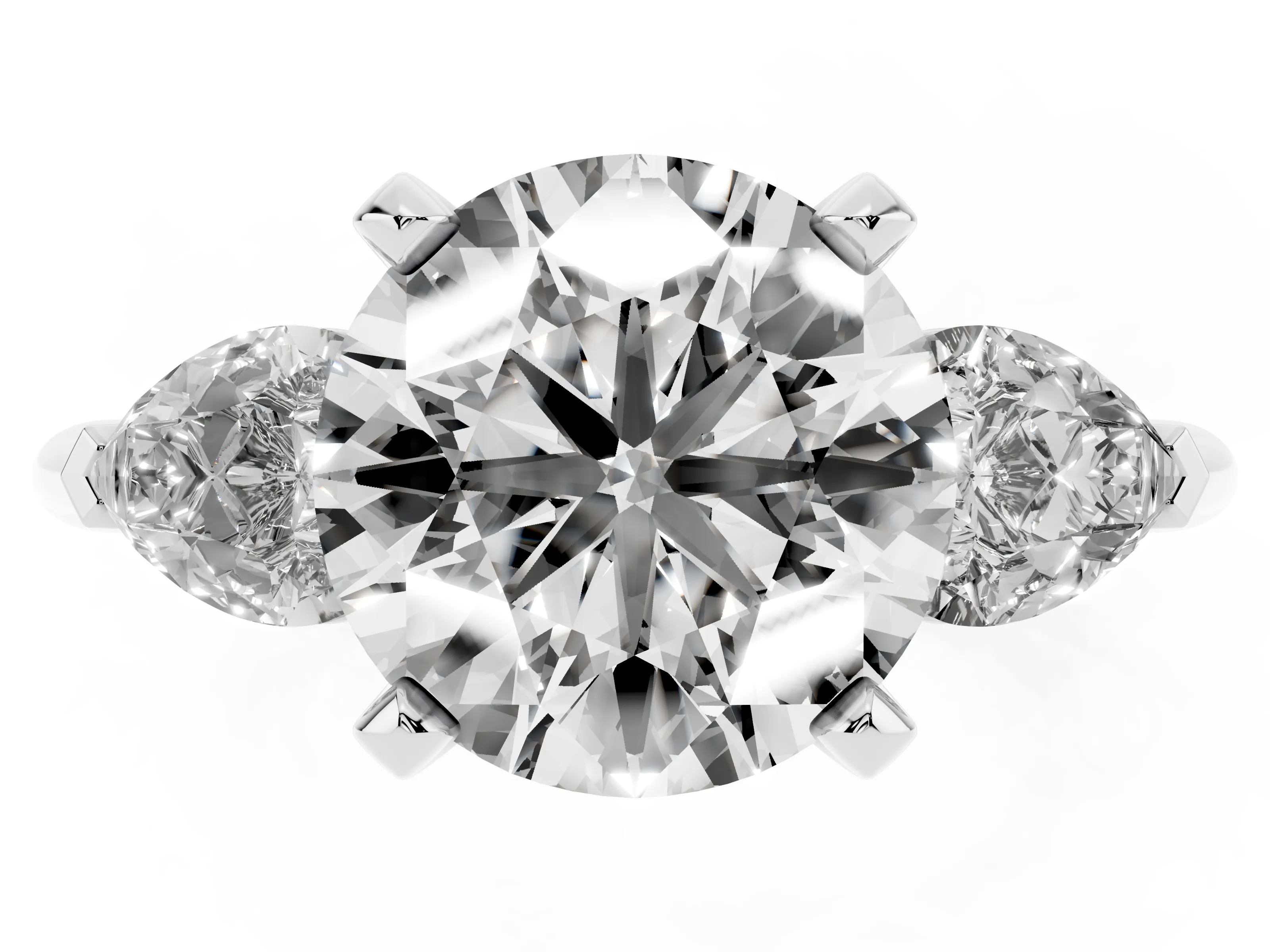 Three-Stone Round Cut Diamond Ring Set in Silver with Pear Side Stones and Prong Setting