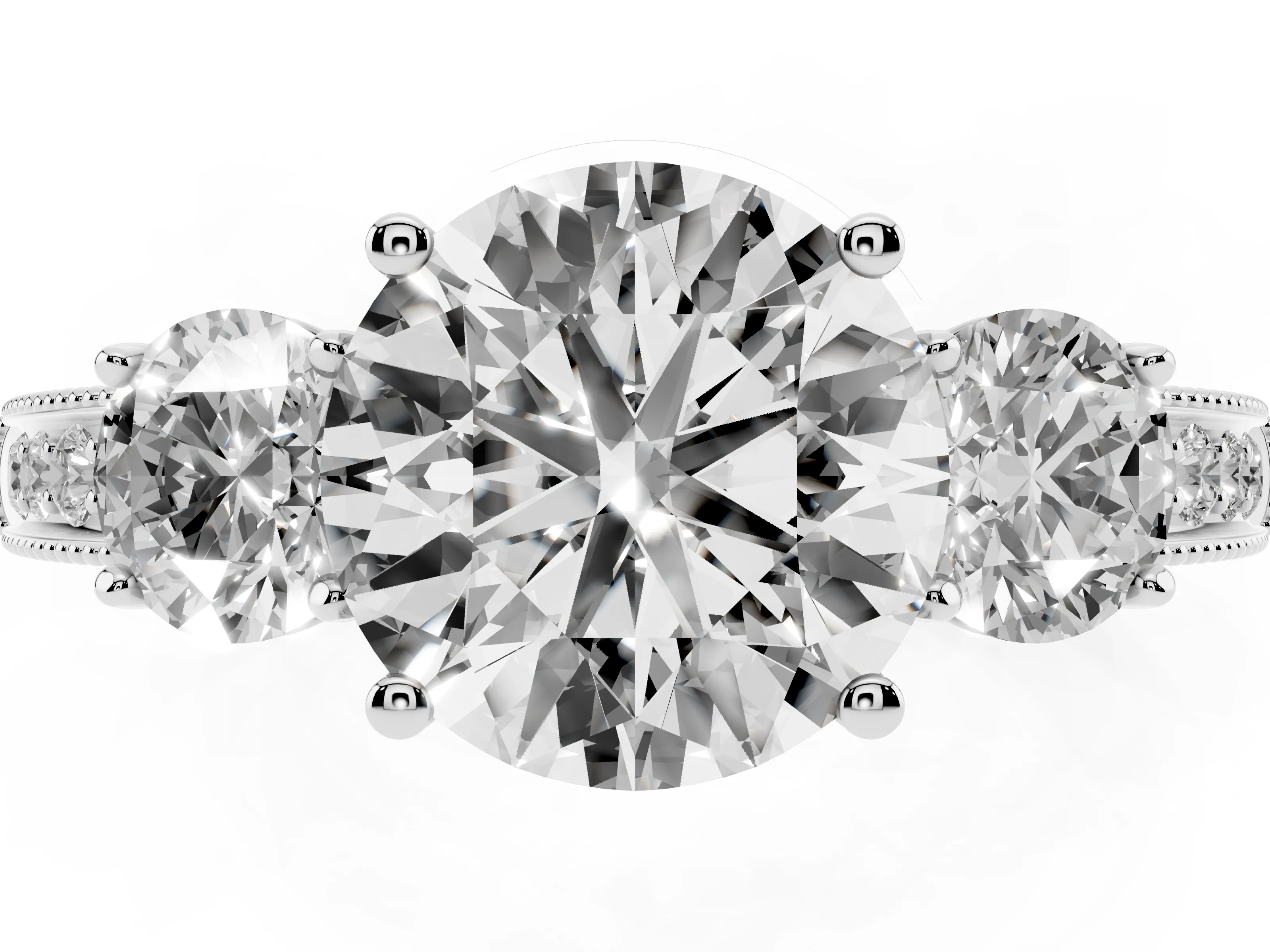 Round Cut Diamond Three-Stone Ring Set in White gold with Round Side Stones and Pavé Band