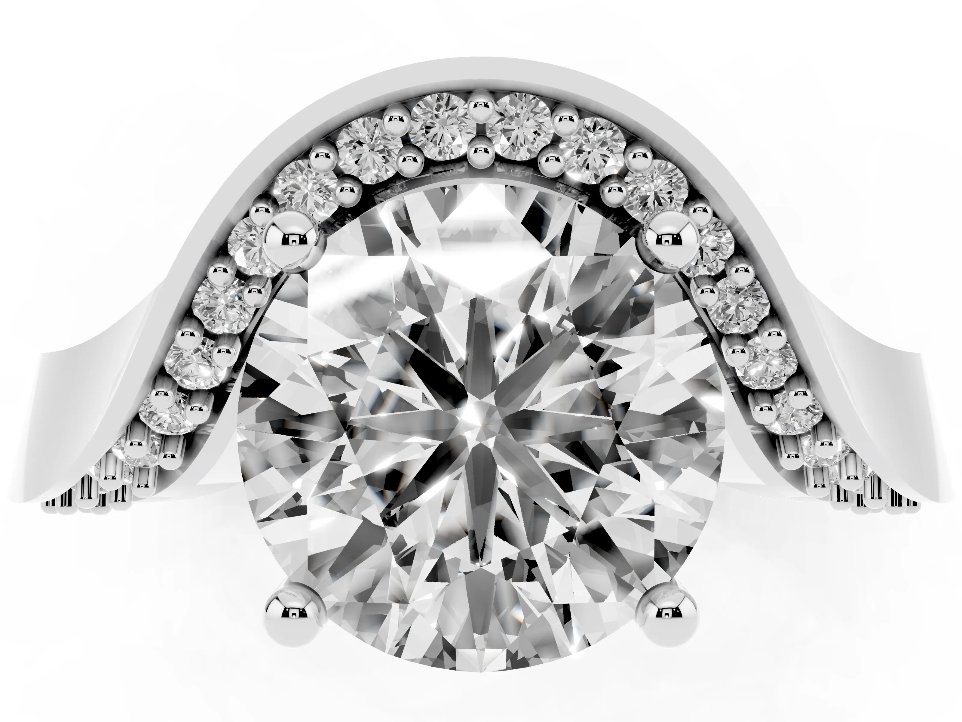Round Cut Diamond Solitaire Engagement Ring Set in Silver with Pavé Shoulders