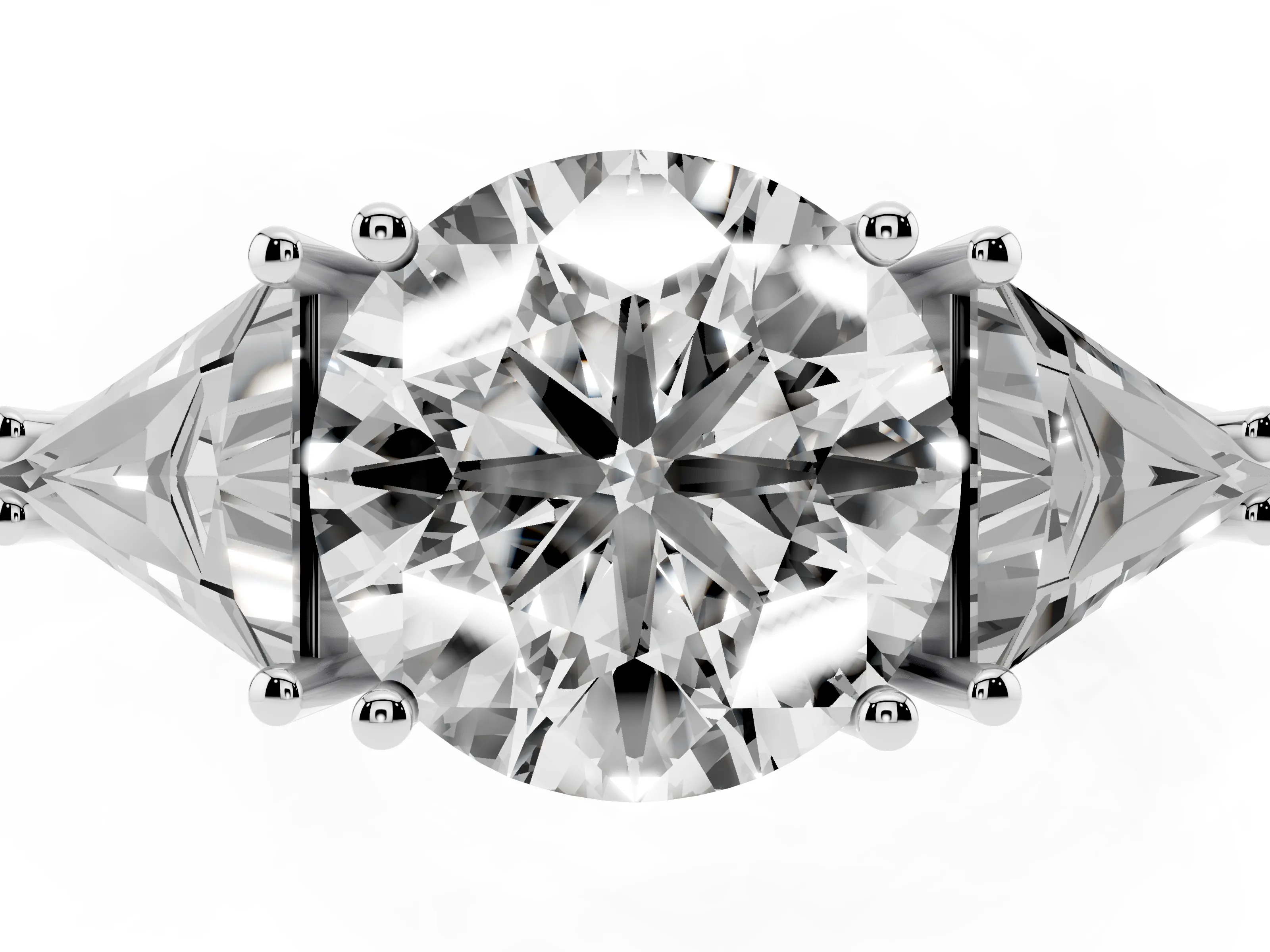Round Cut Diamond Three-Stone Engagement Ring Set in White gold with Trillion Side Stones