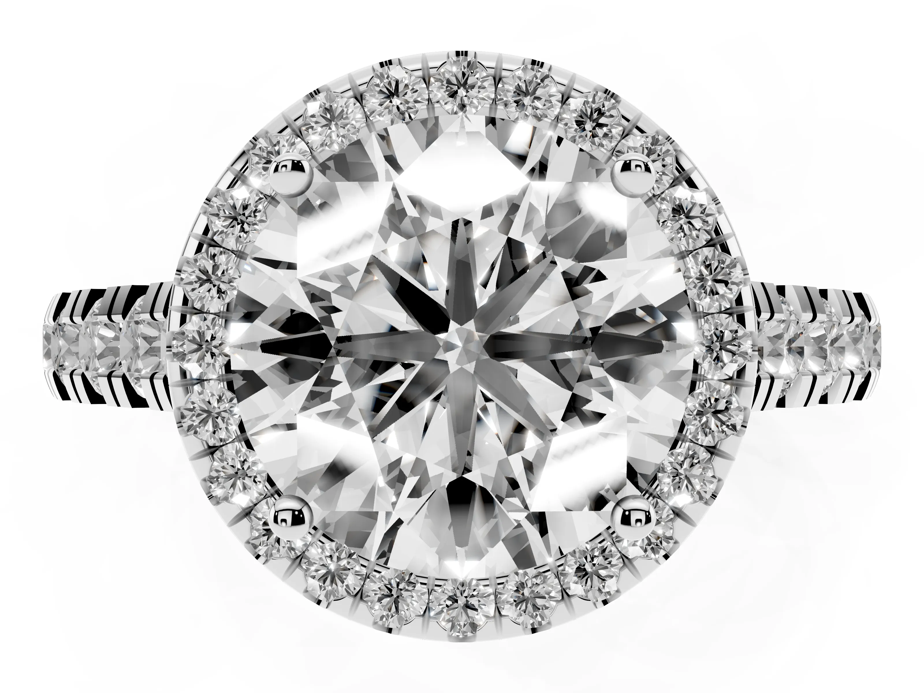 Round Cut Diamond Halo Engagement Ring Set in White gold with Pavé Band and Prong-Set Center