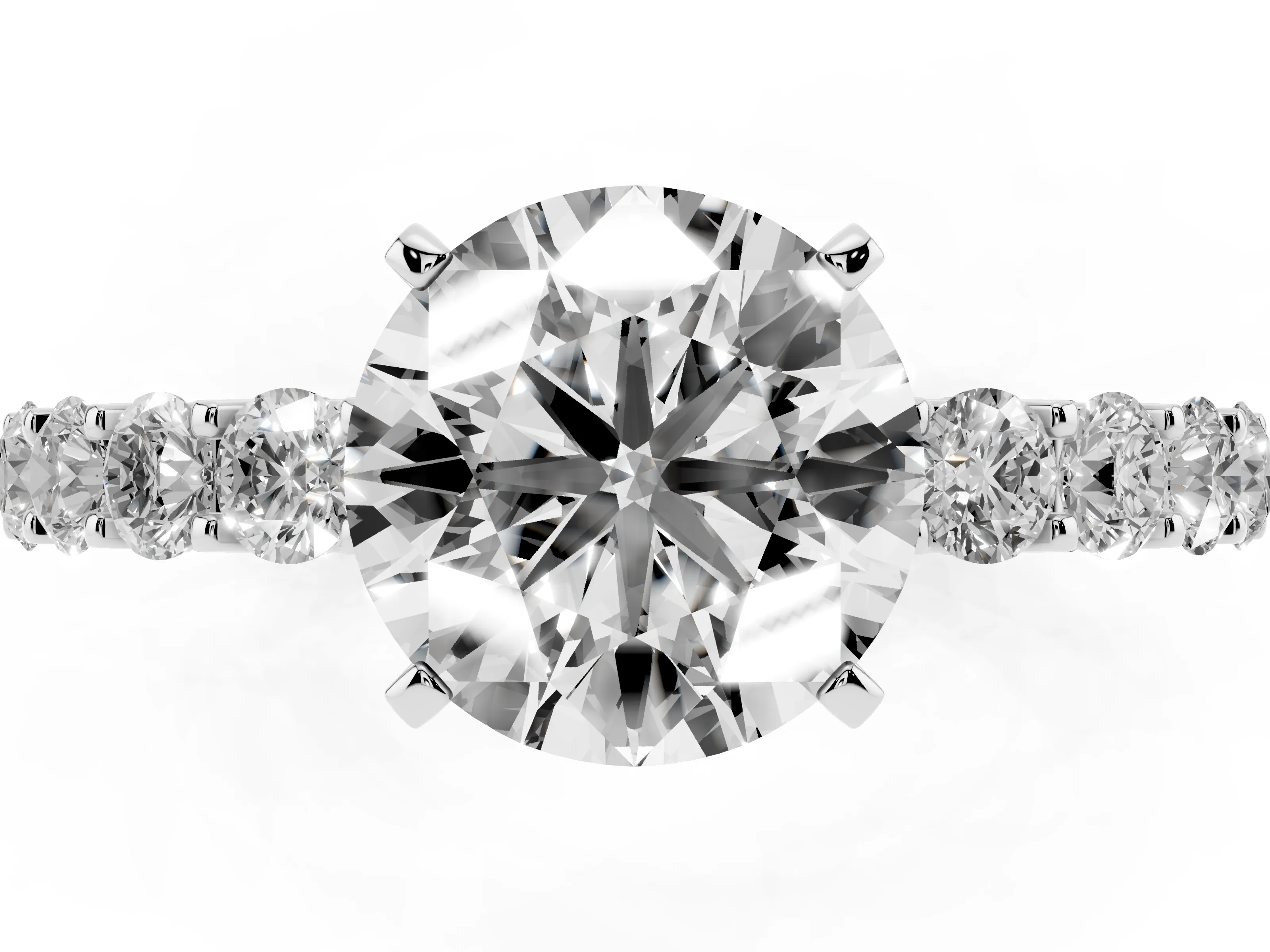 Round Cut Diamond Solitaire Ring Set in Platinum with Shared Prong Pavé Band